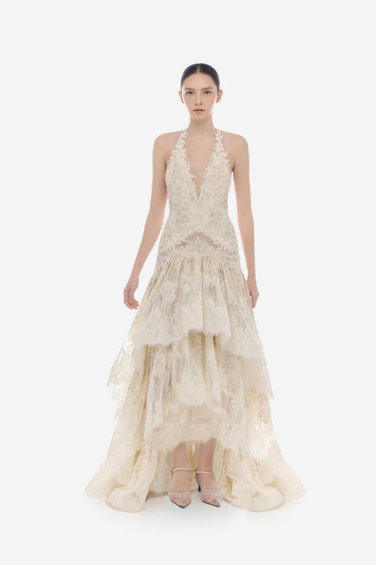 Ivory Open-Back Lace Tiered Dress