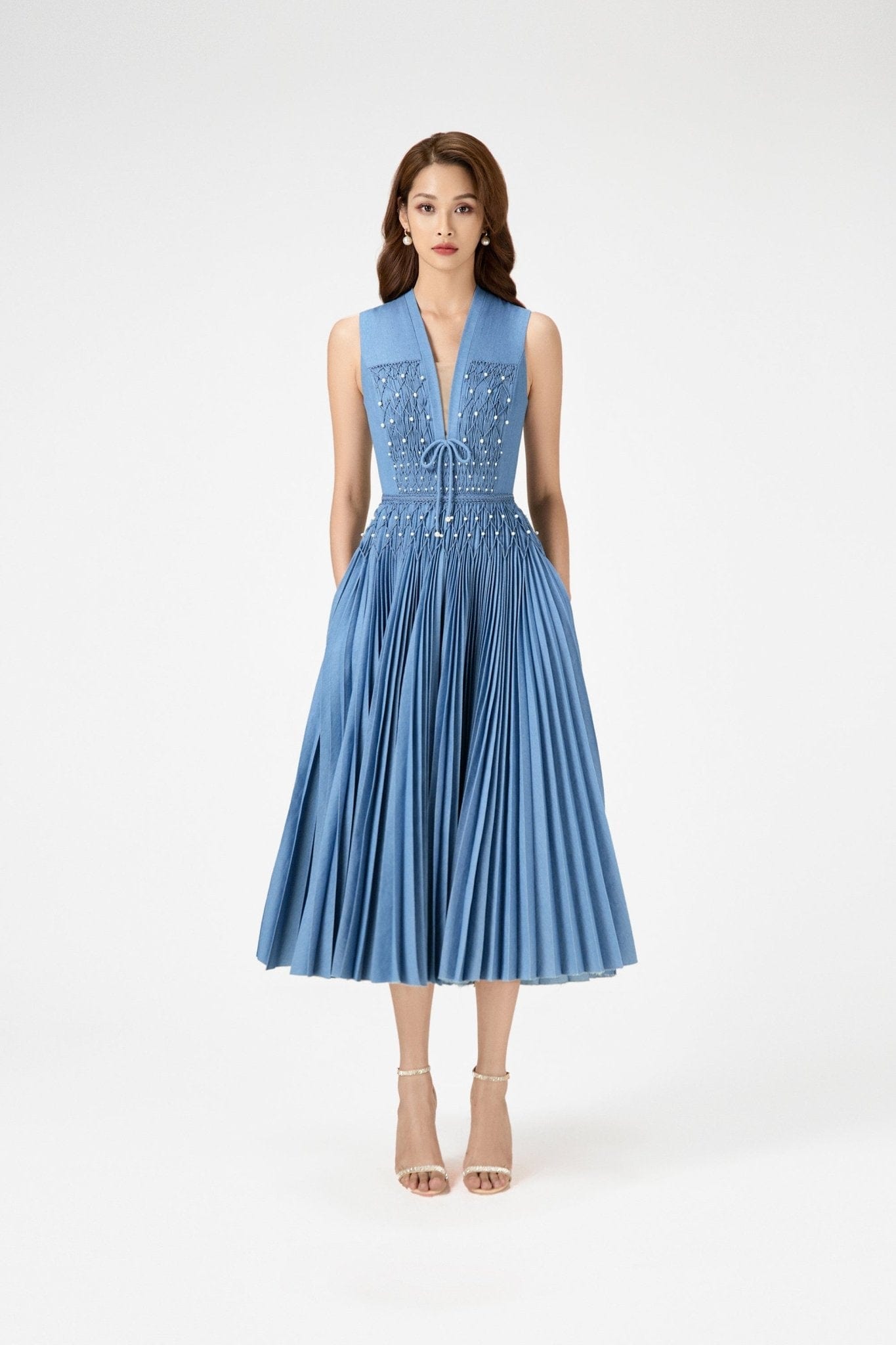 Denim Smocked Midi Dress - Montsand