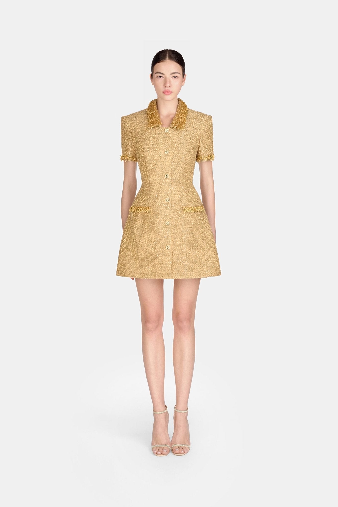 embellished mini dress gold Marbella Sequin Embellished Scoop Neck Ruffle Hem Mini Dress Gold