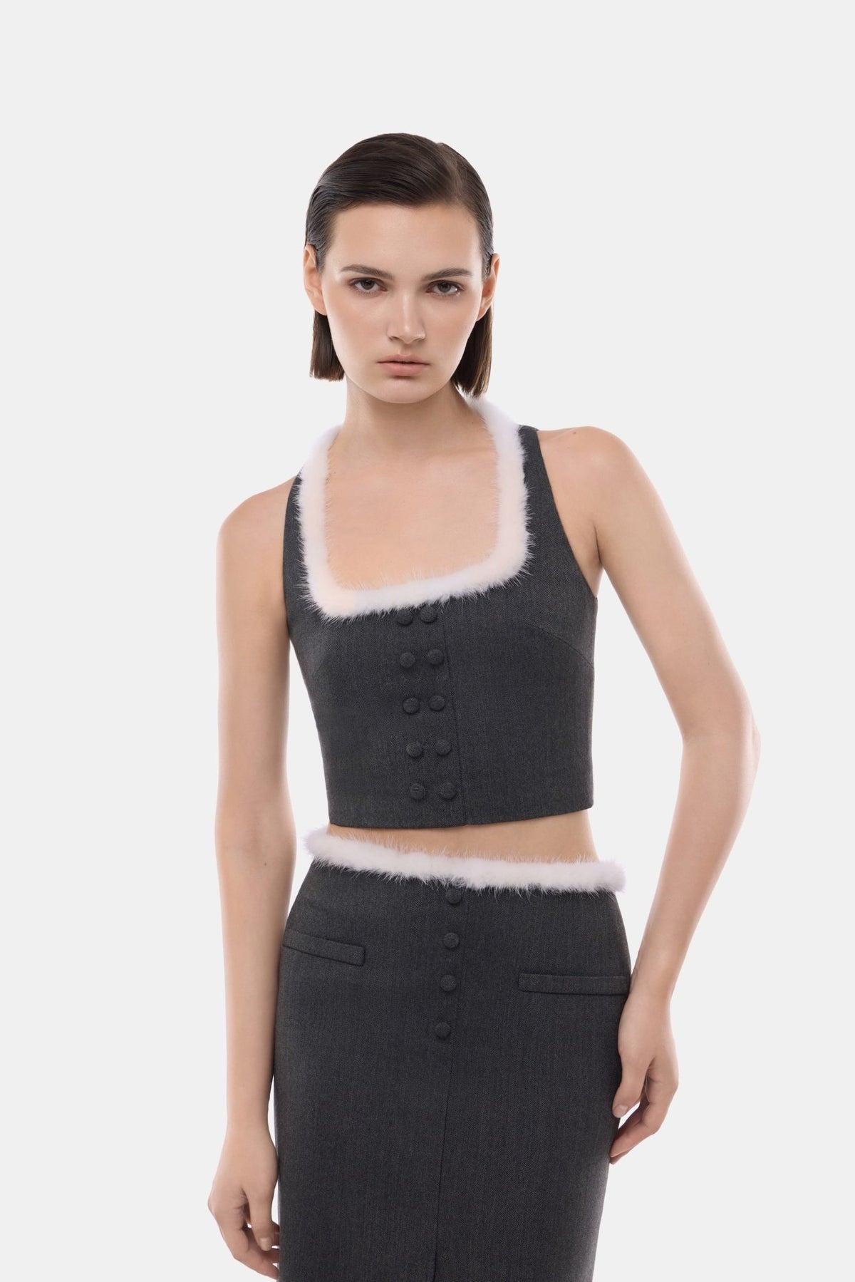 Grey Fur Neckline Halter Top - Montsand
