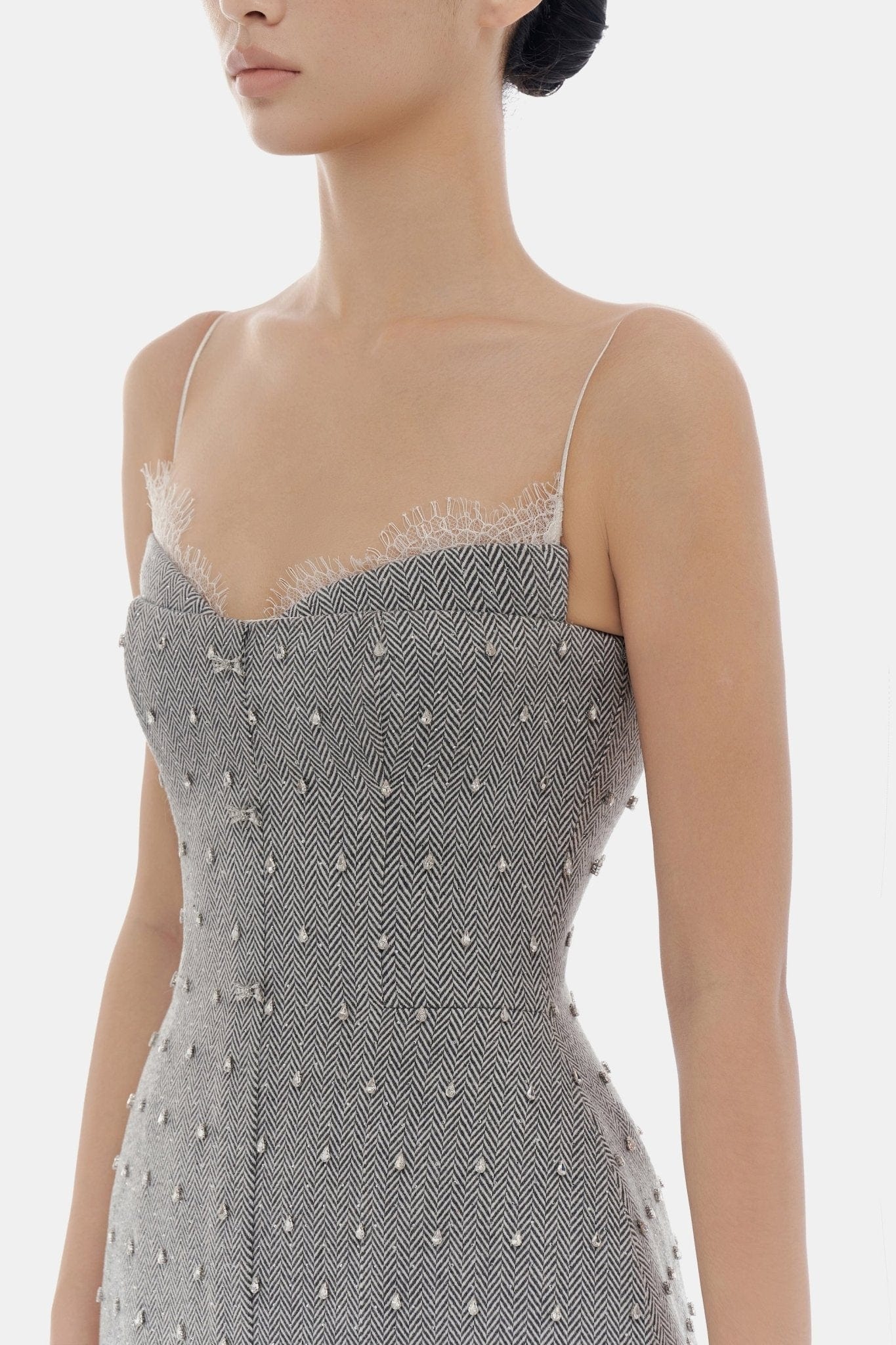 Grey Harringbone Crystal Beaded Dress - Montsand