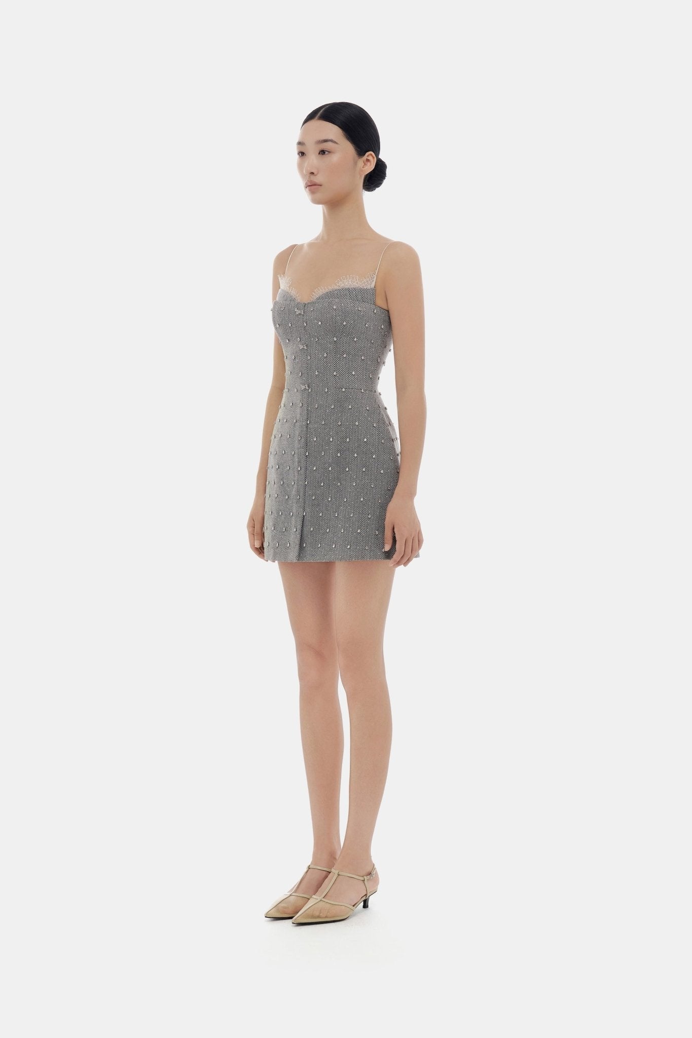 Grey Harringbone Crystal Beaded Dress - Montsand