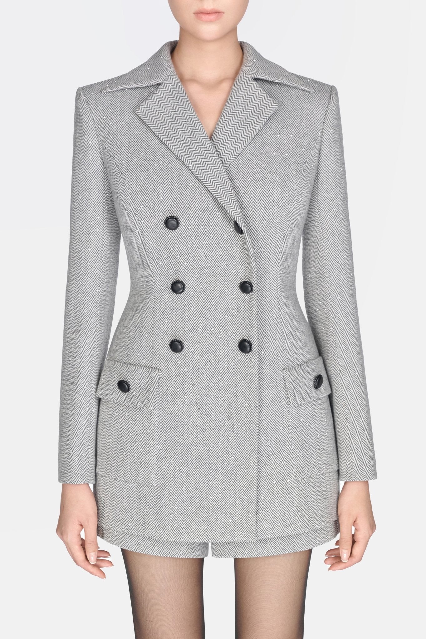 Grey Herringbone Double - Breasted Blazer - Montsand