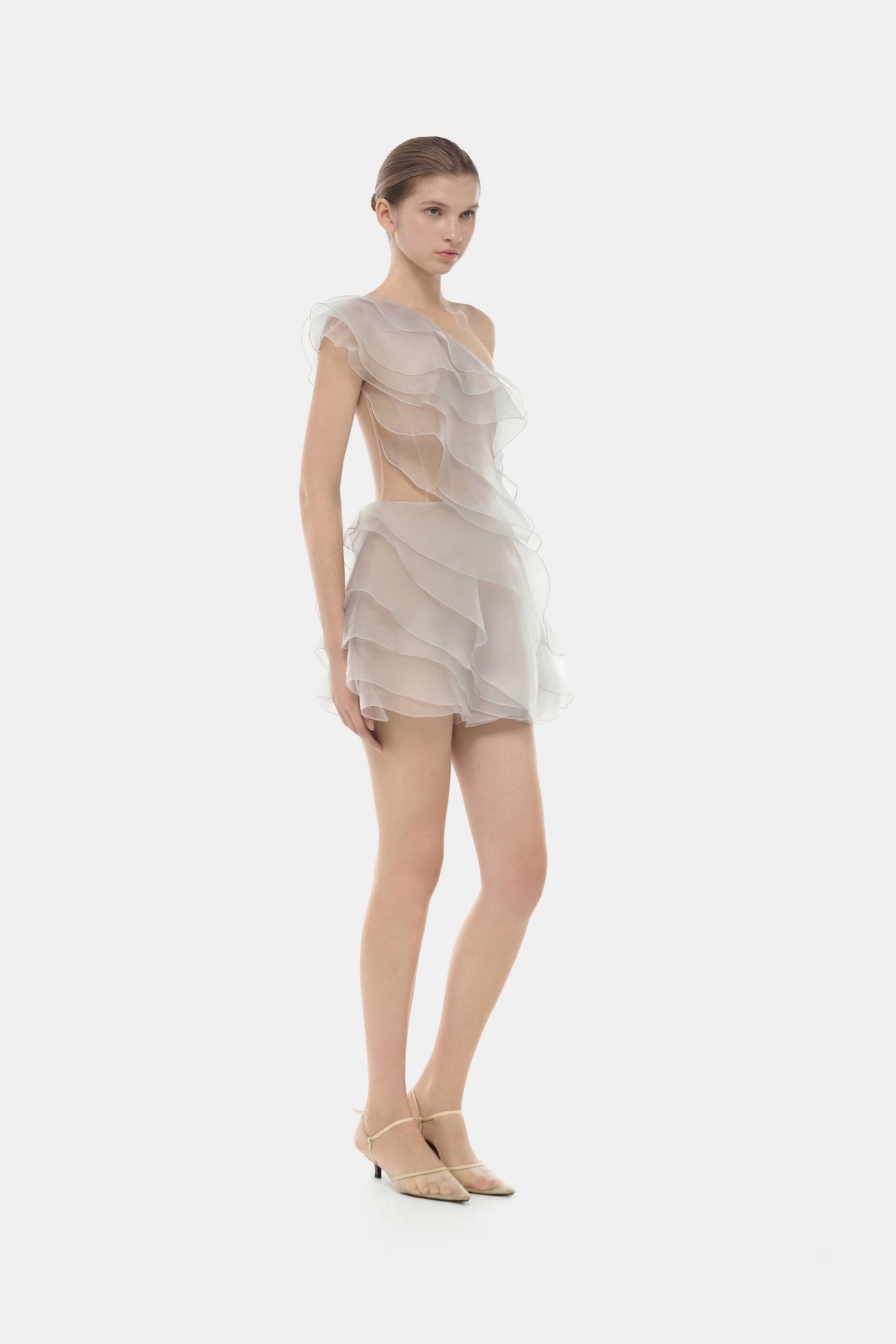 Grey Ruffle One-Shoulder Mini Dress M