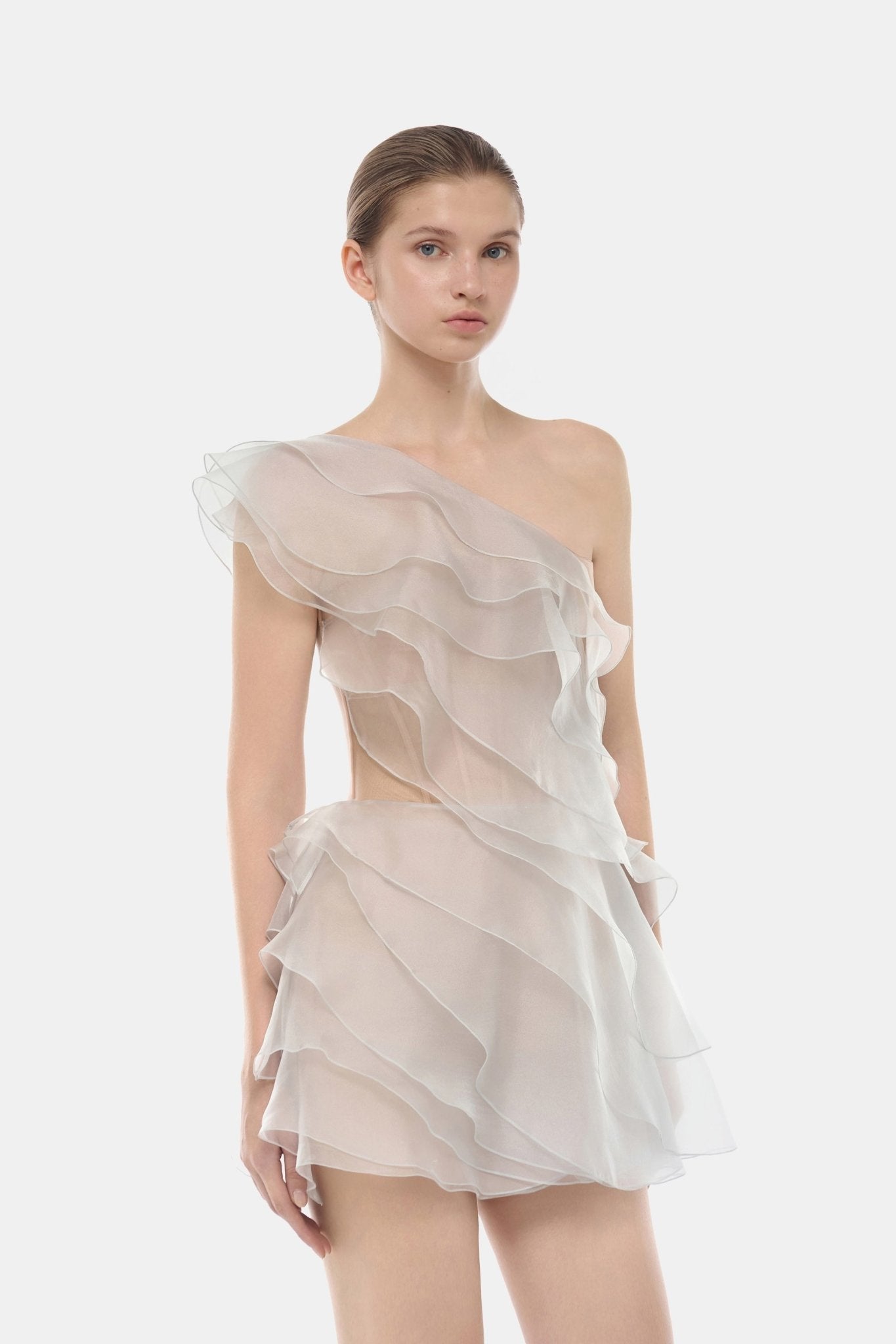 Grey Ruffle One - Shoulder Mini Dress - Montsand