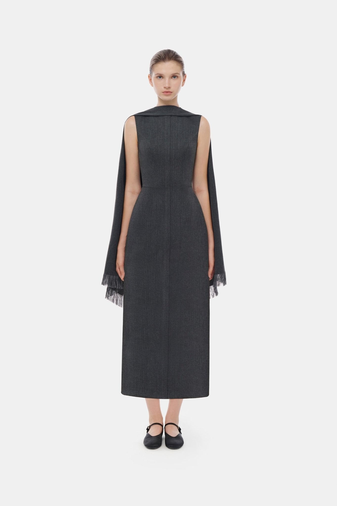 Grey Tailored Scarf Midi Dress L