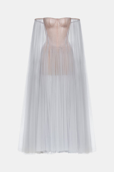 grey tulle maxi dress Light Grey A-line Backless Spaghetti Straps Lace Tulle Long Prom Dresses,  MP269