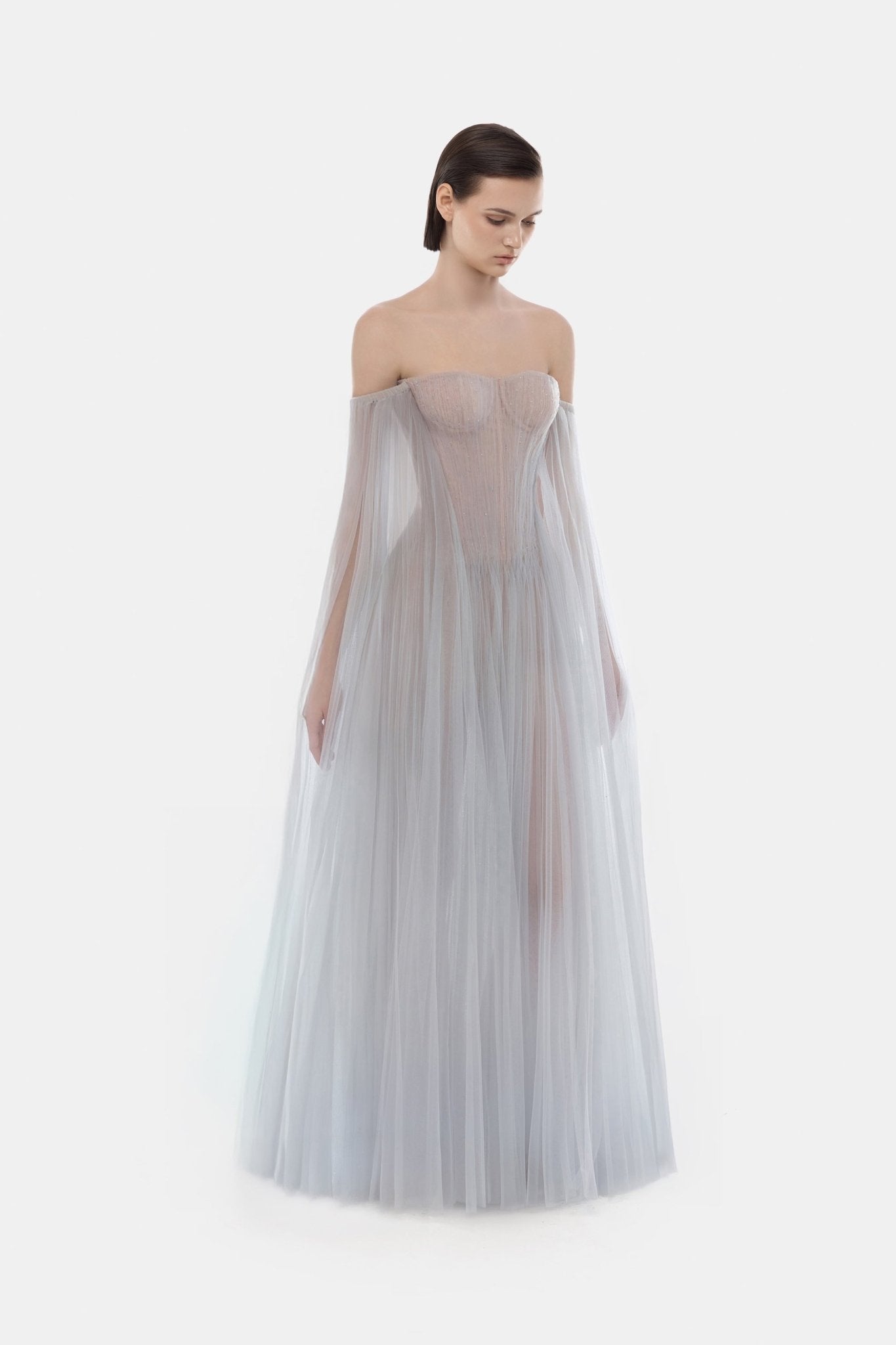 Grey Tulle Off - shoulder Maxi Dress - Montsand