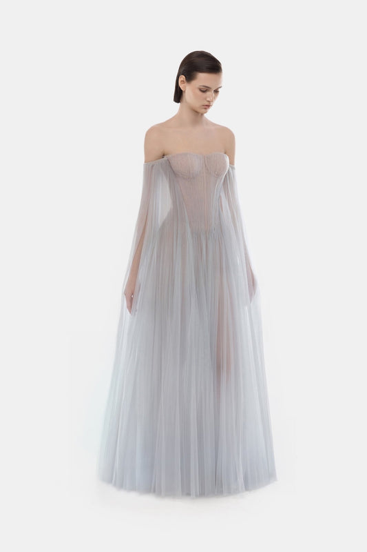 Grey Tulle Off - shoulder Maxi Dress - Montsand