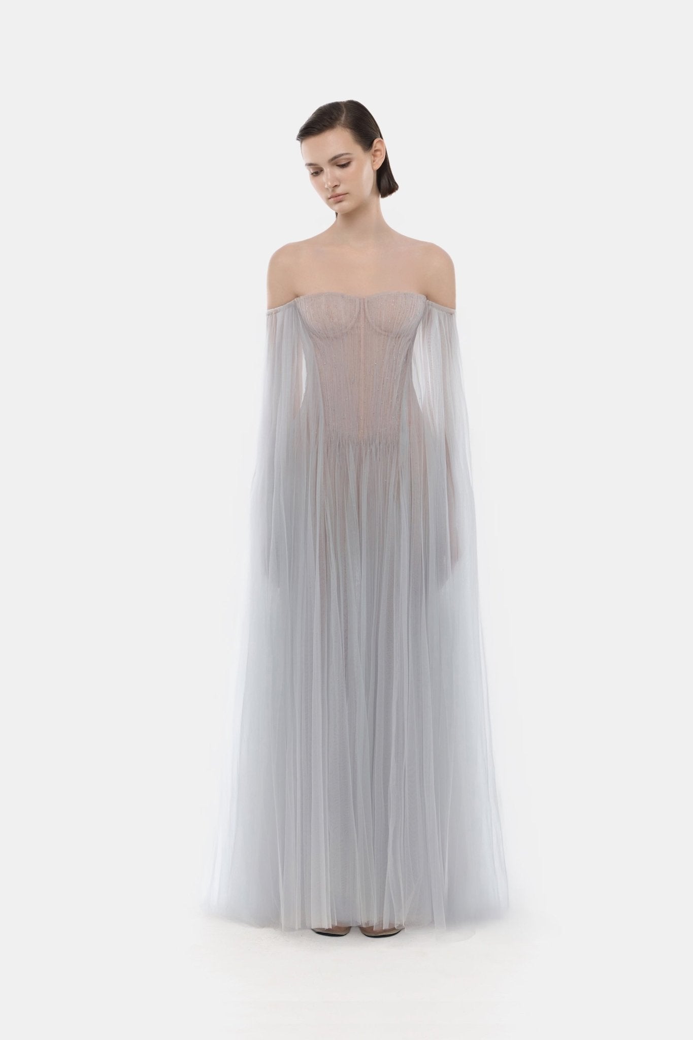 Grey Tulle Off - shoulder Maxi Dress - Montsand
