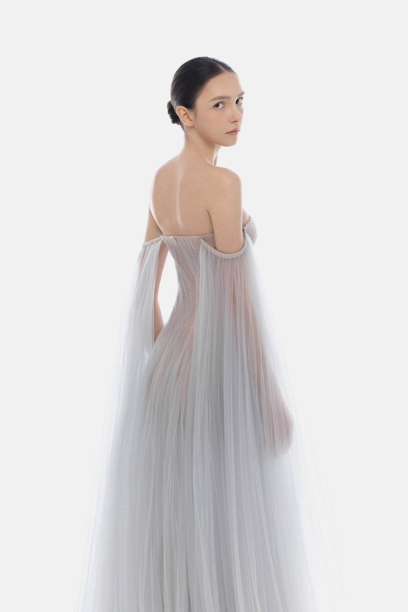 Grey Tulle Off-shoulder Maxi Dress - Montsand