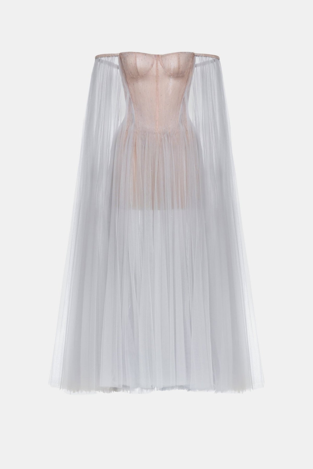 Grey Tulle Off-shoulder Midi Dress - Montsand