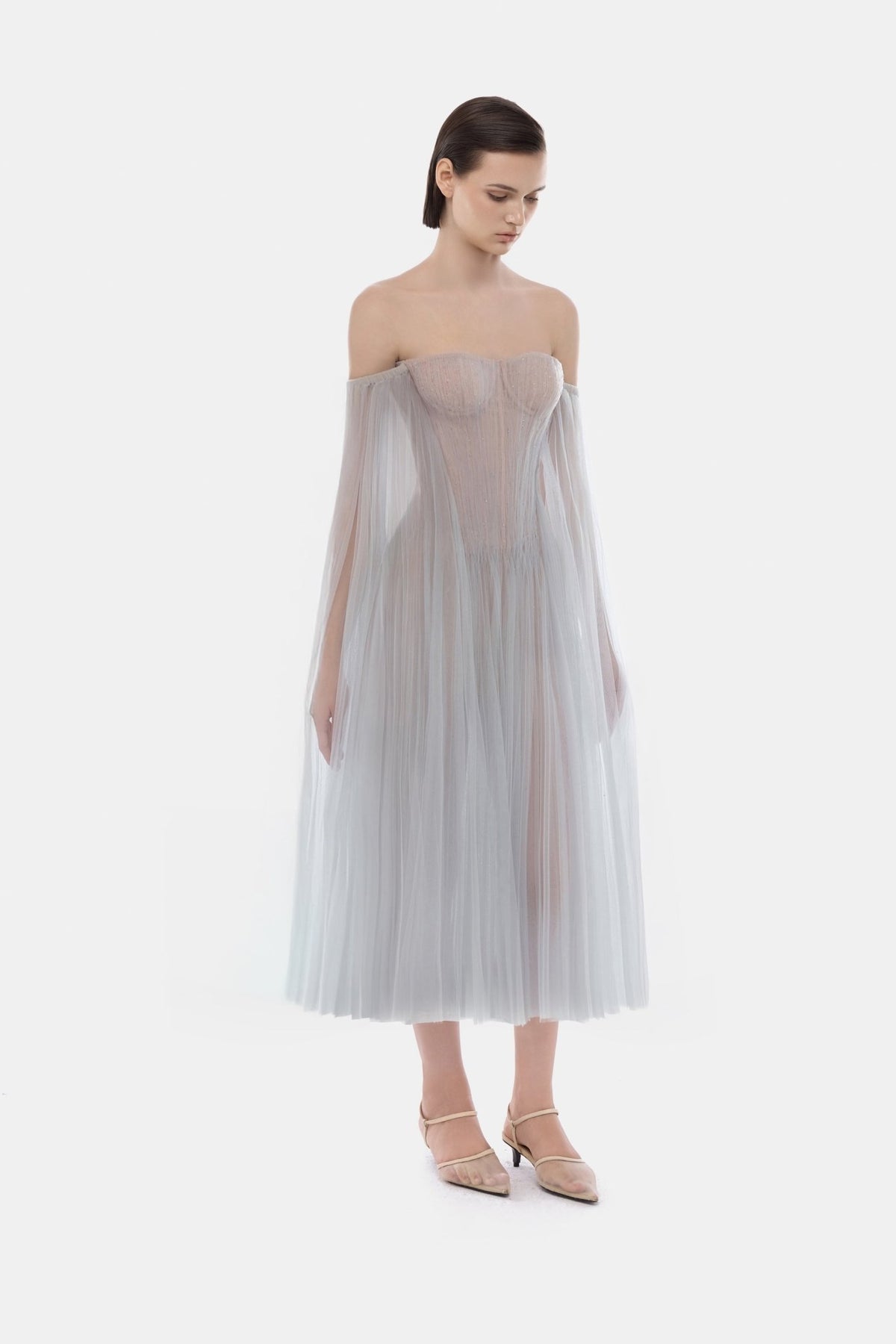 Grey Tulle Off-shoulder Midi Dress - Montsand