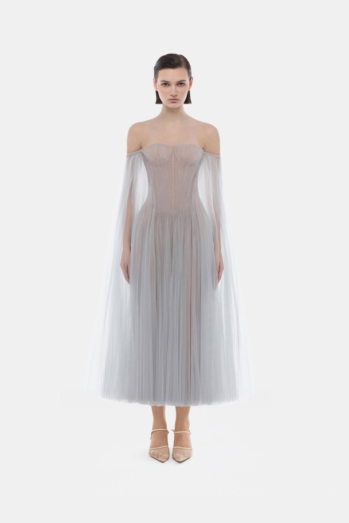 Grey Tulle Off-shoulder Midi Dress - Montsand