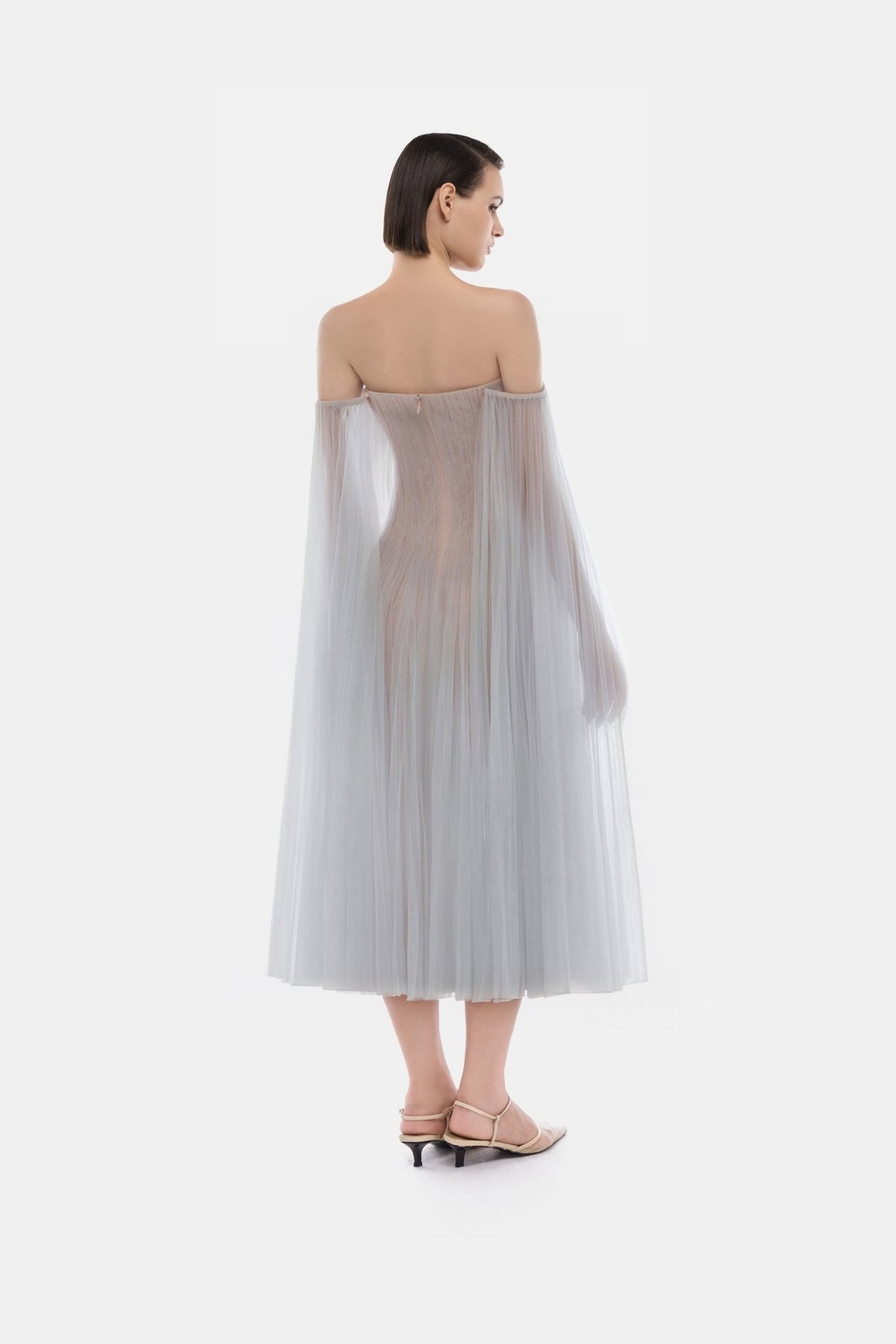 Grey Tulle Off-shoulder Midi Dress - Montsand
