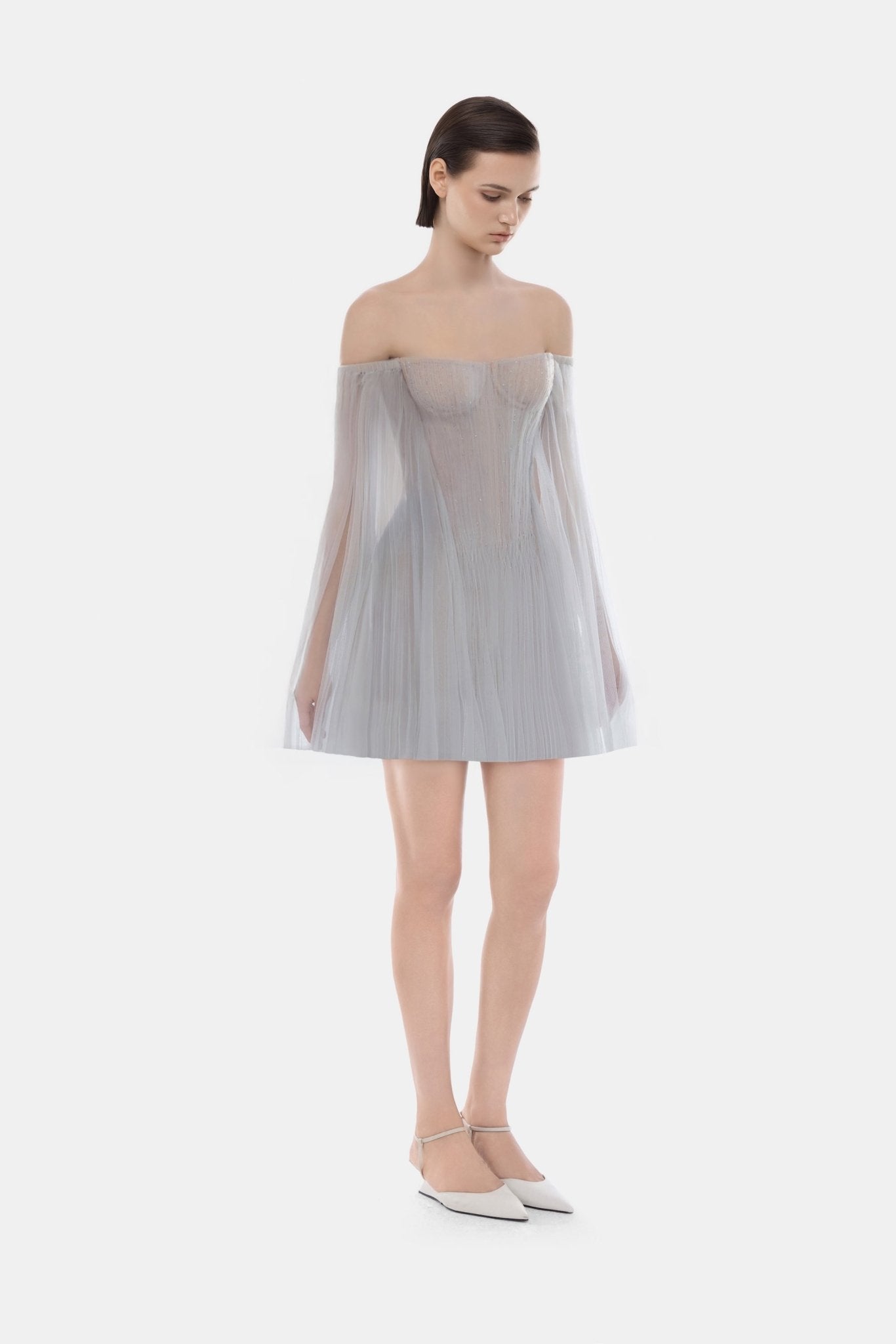 Grey Tulle Off - shoulder Mini Dress - Montsand