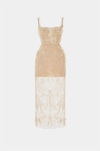 Beige Beaded Lace Fitted Dress – Montsand