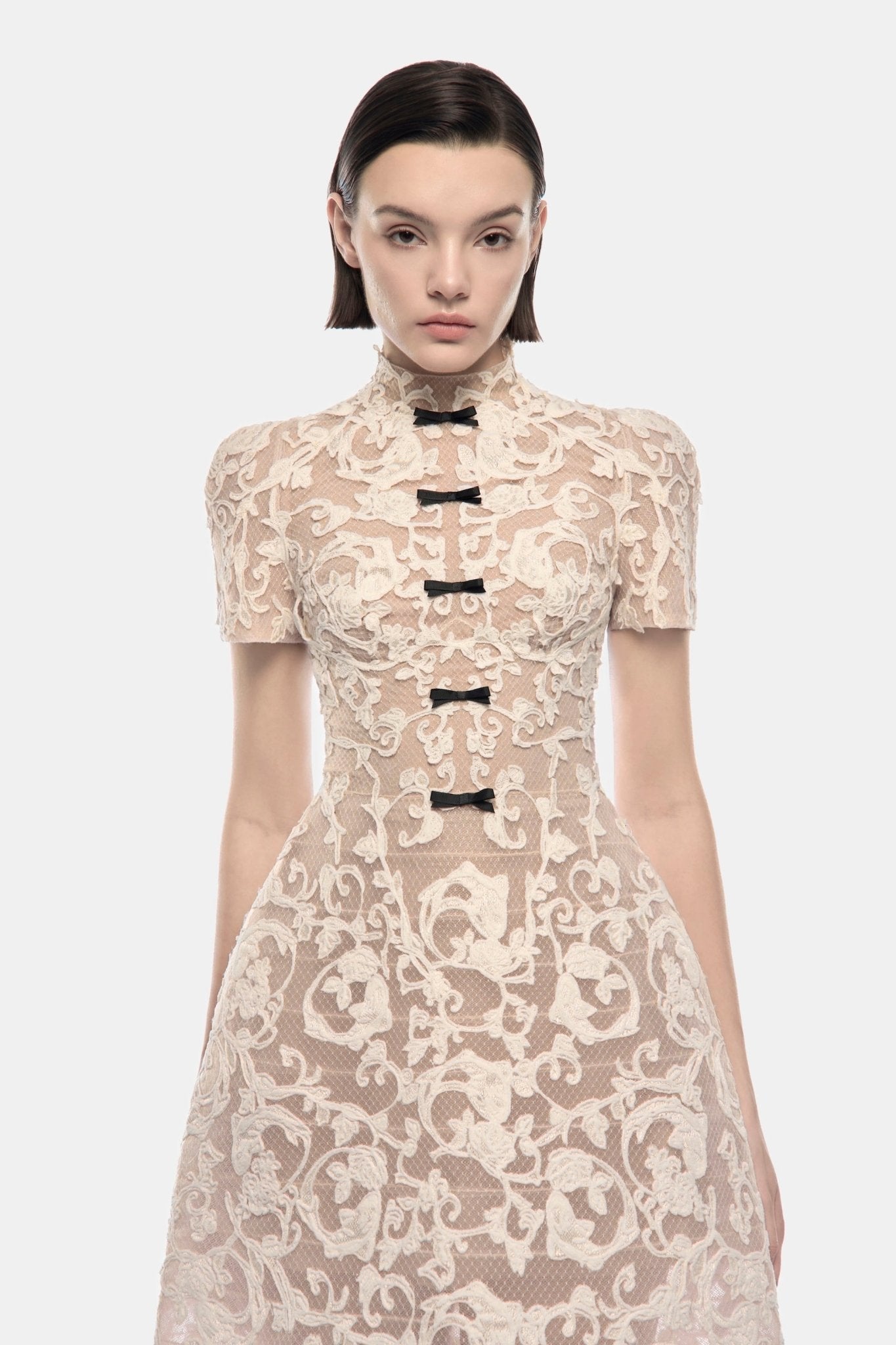 Ivory Brocade Bow Maxi Dress - Montsand