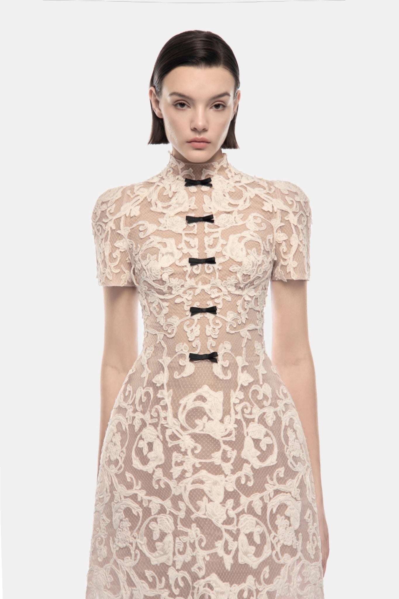 Ivory Brocade Bow Maxi Dress - Montsand