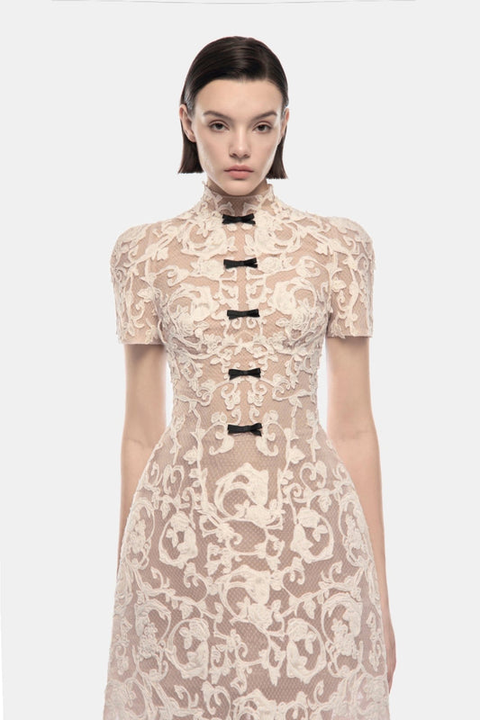 Ivory Brocade Bow Maxi Dress - Montsand