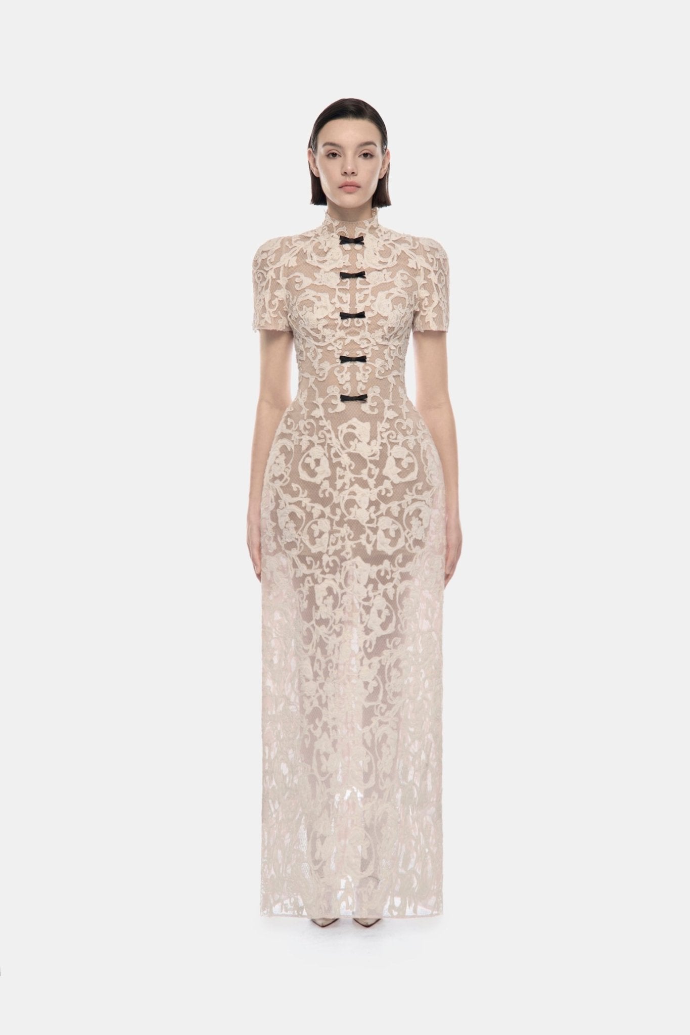 Ivory Brocade Bow Maxi Dress - Montsand