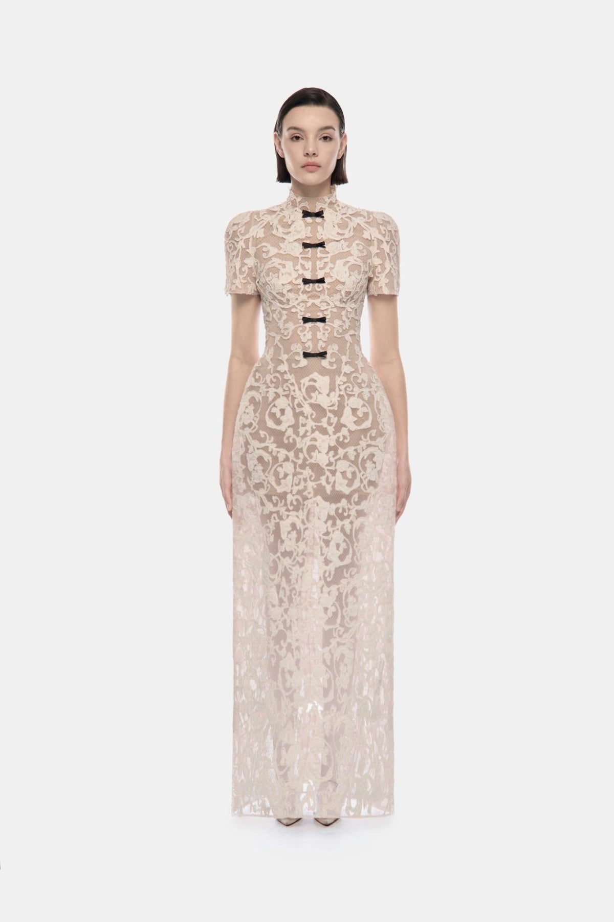 Ivory Brocade Bow Maxi Dress - Montsand