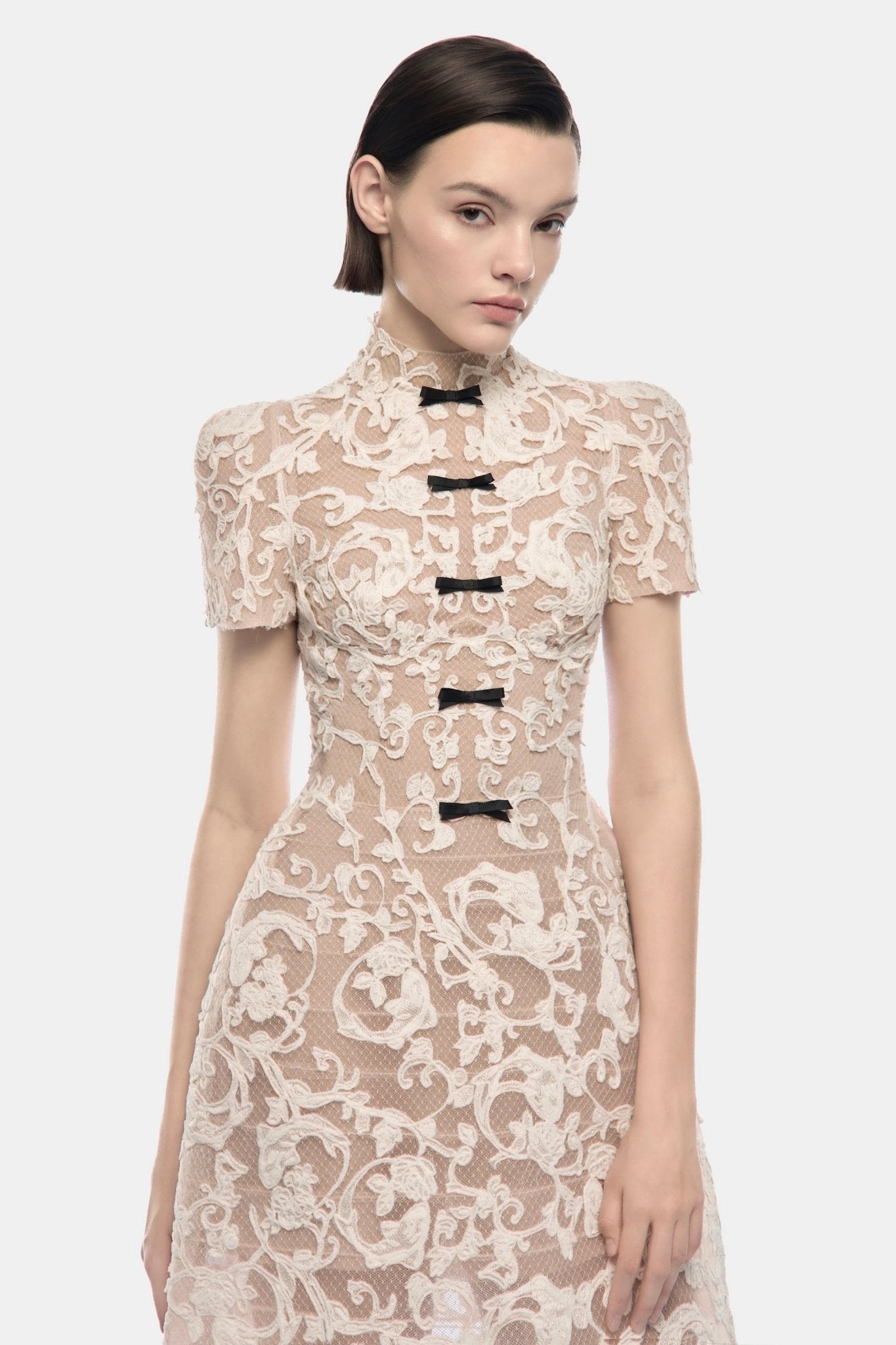 Ivory Brocade Bow Midi Dress - Montsand
