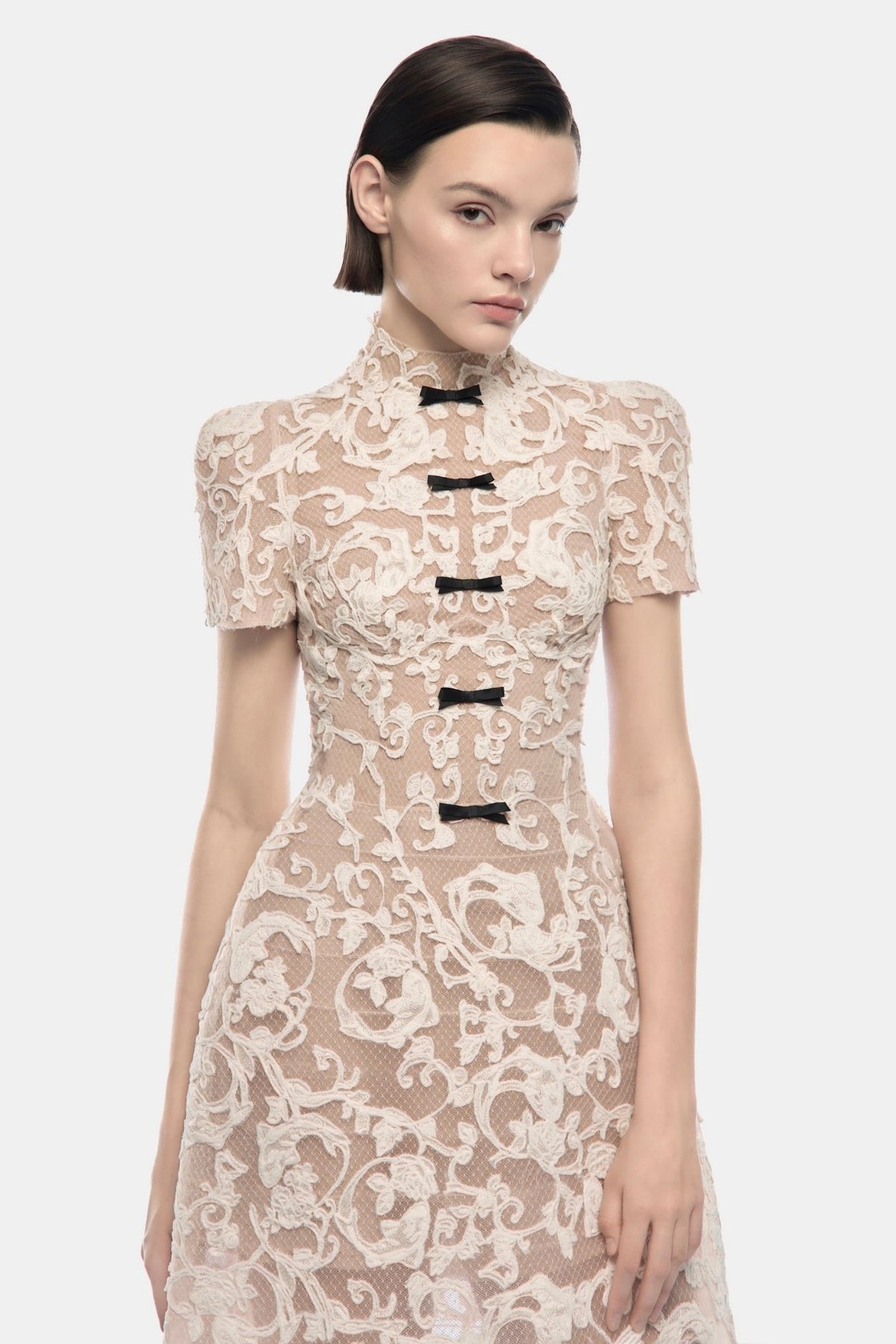Ivory Brocade Bow Midi Dress - Montsand