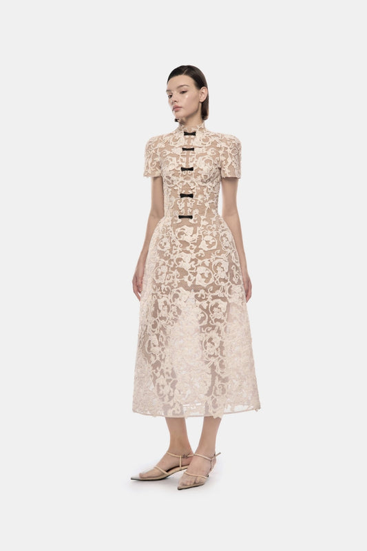 Ivory Brocade Bow Midi Dress - Montsand
