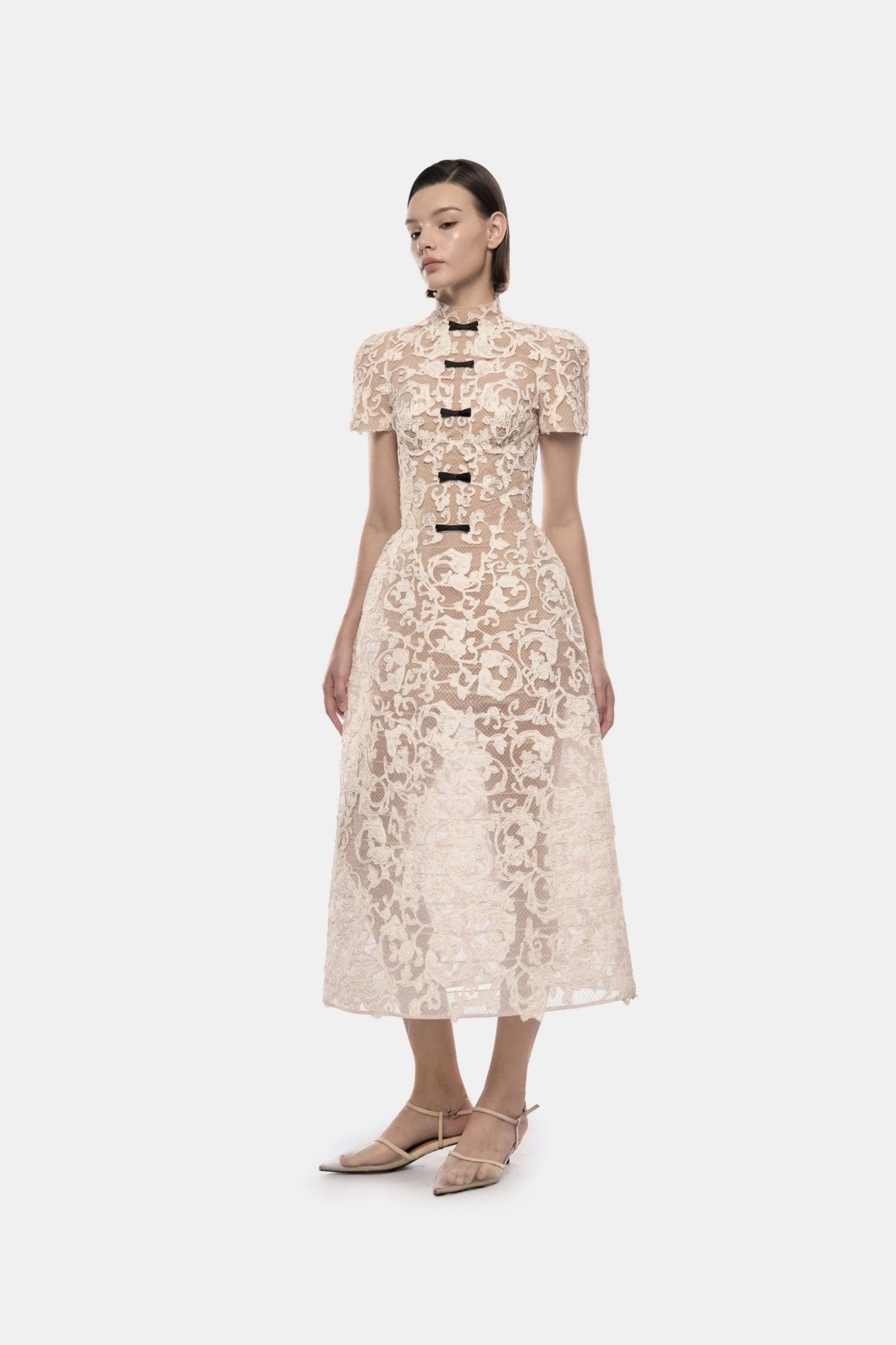 Ivory Brocade Bow Midi Dress - Montsand