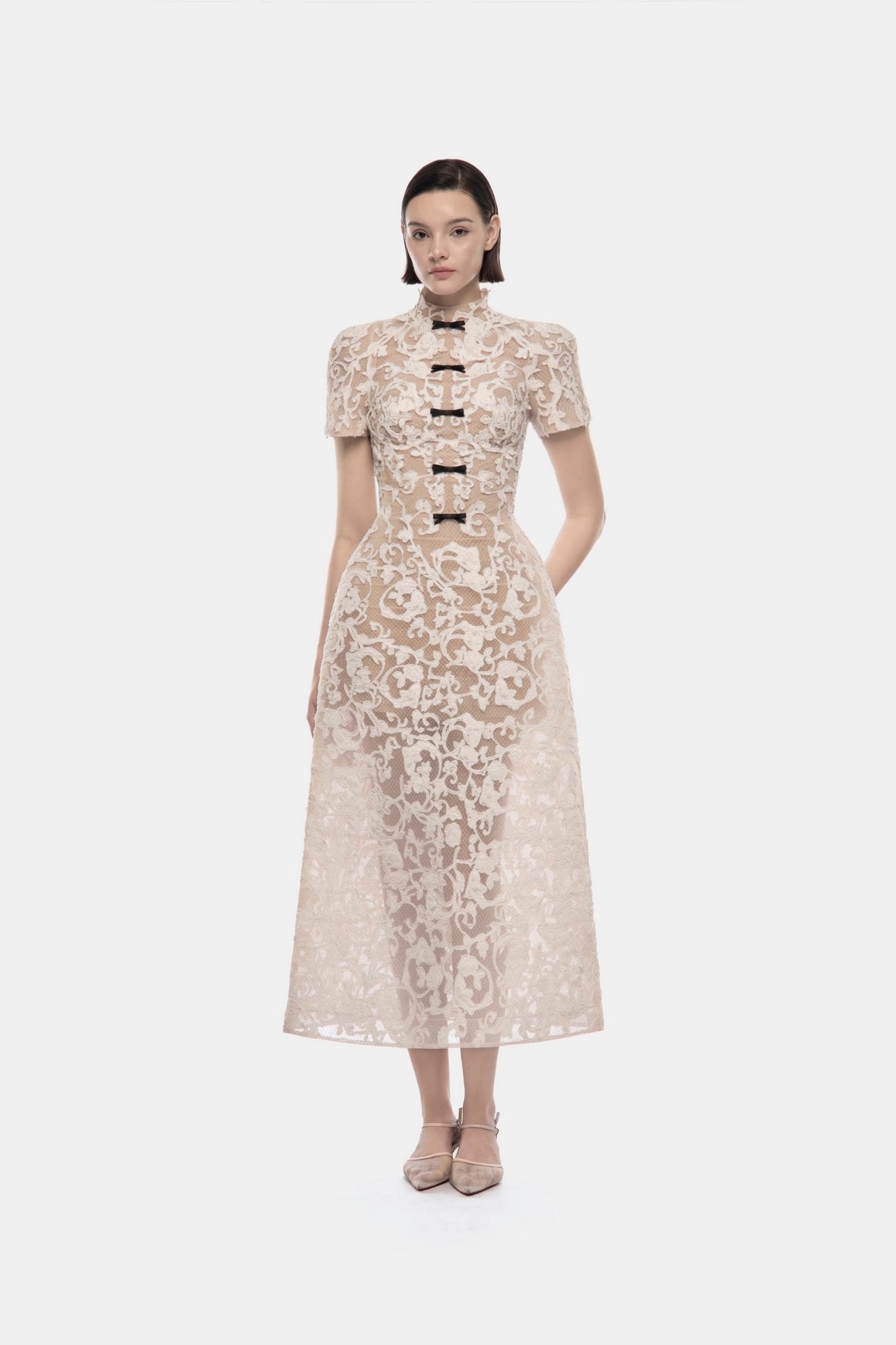 Ivory Brocade Bow Midi Dress - Montsand