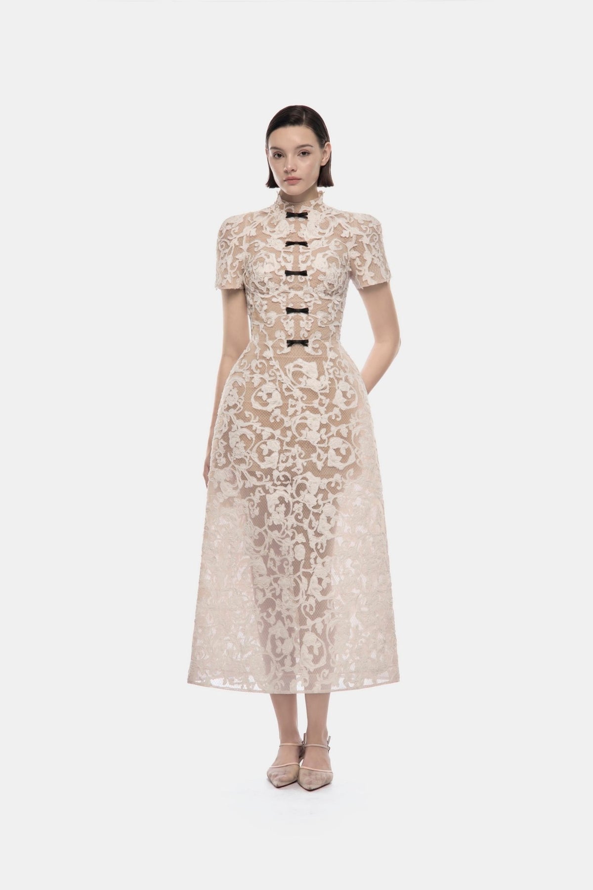 Ivory Brocade Bow Midi Dress - Montsand