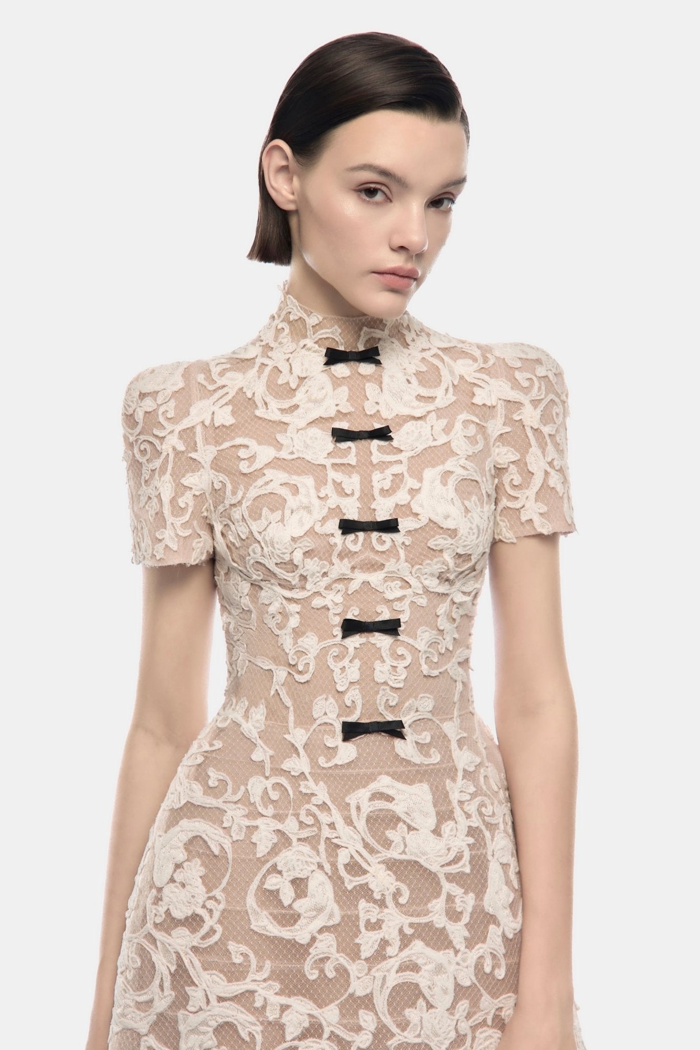 Ivory Brocade Bow Mini Dress - Montsand