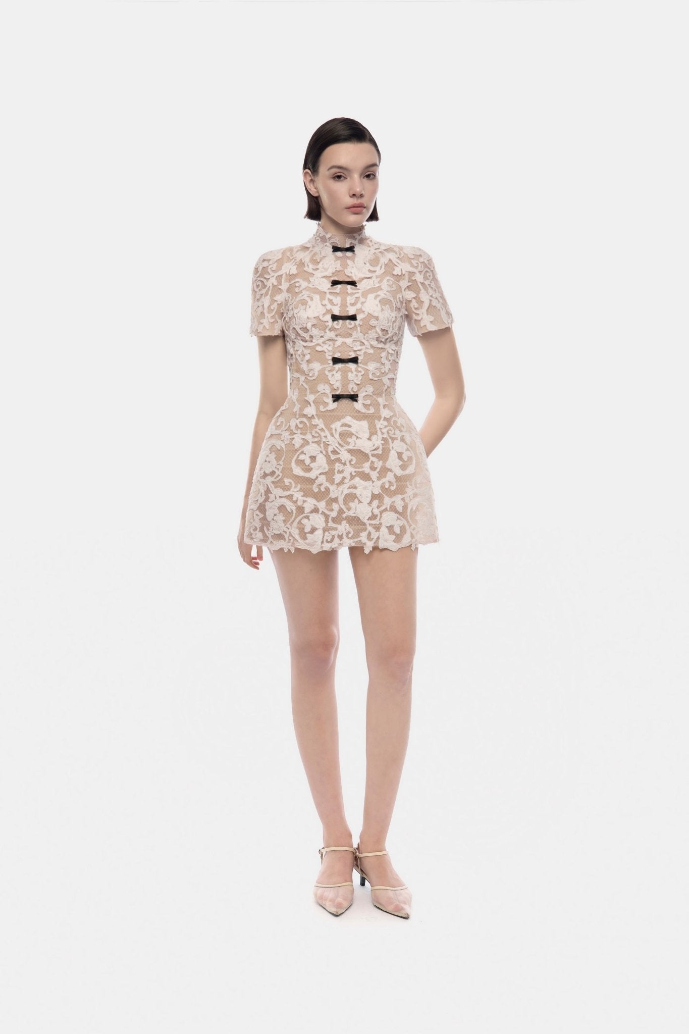 Ivory Brocade Bow Mini Dress - Montsand