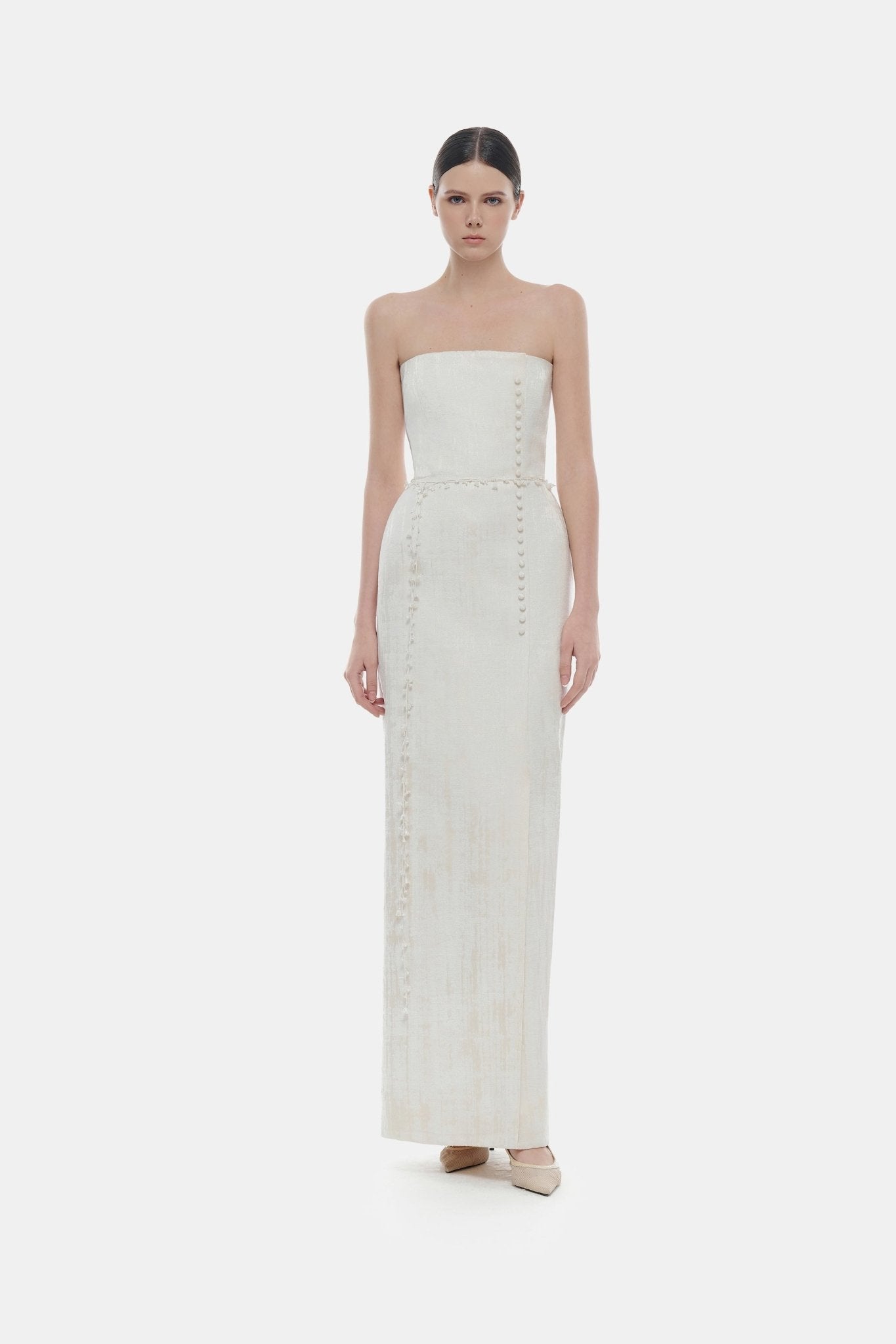 ivory strapless dress Exquisite Ivory Satin Sleeveless Strapless Long Wedding Dress with Ruffles
