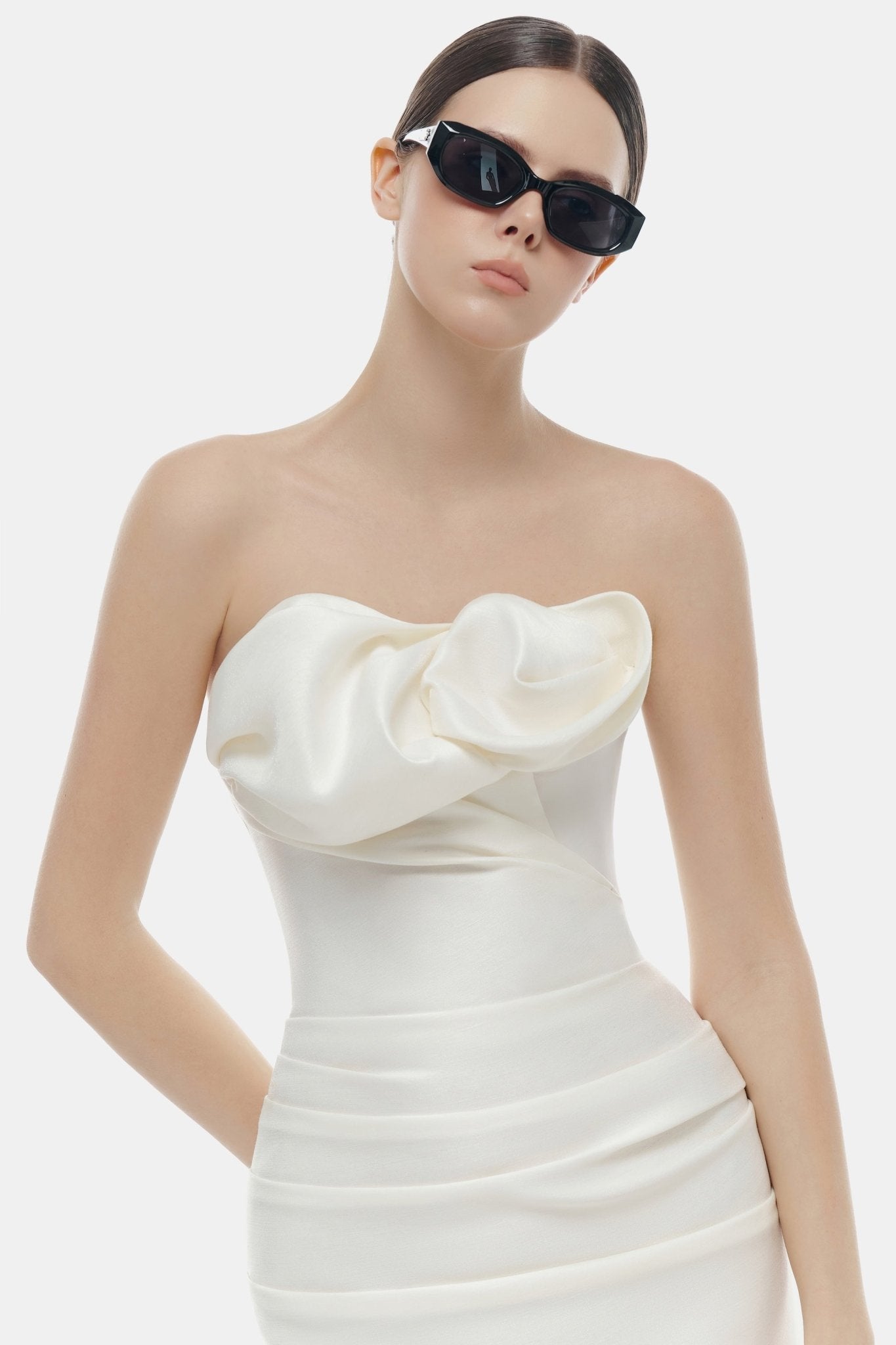 Ivory Draped Tube Midi Dress L