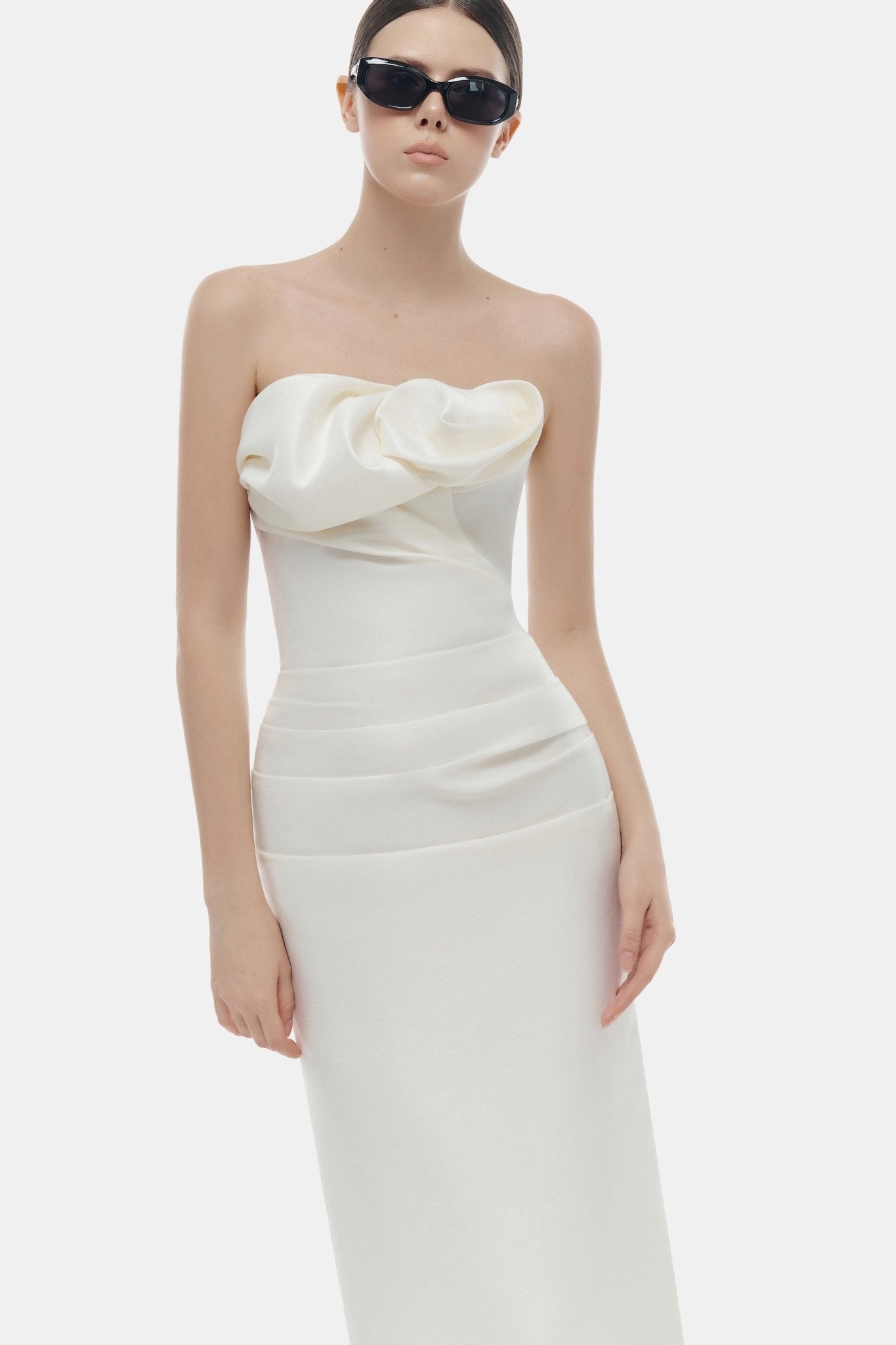 Ivory Draped Tube Midi Dress M Ivory Draped Tube Midi Dress M