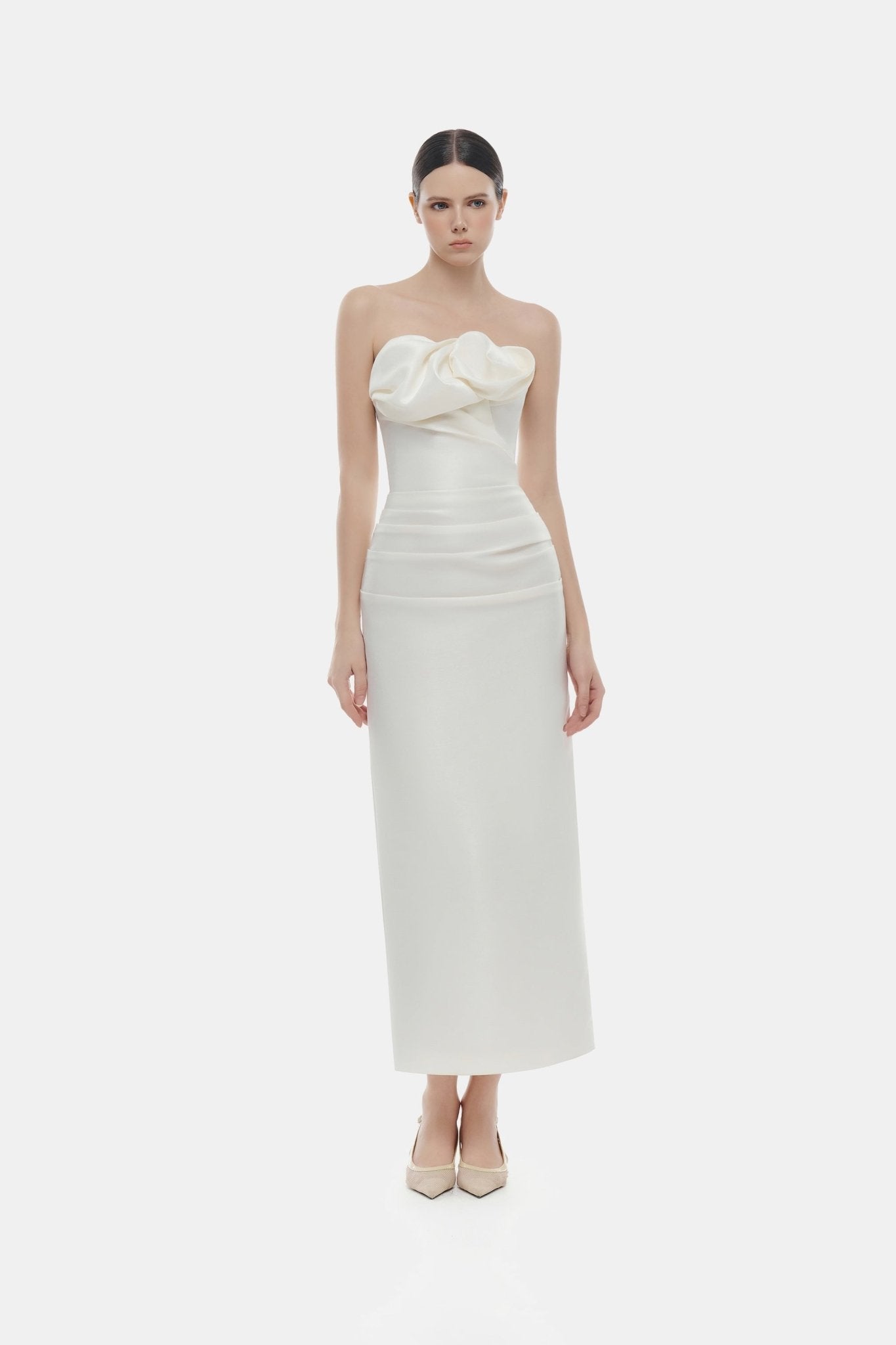 Ivory Draped Tube Midi Dress M Ivory Draped Tube Midi Dress M