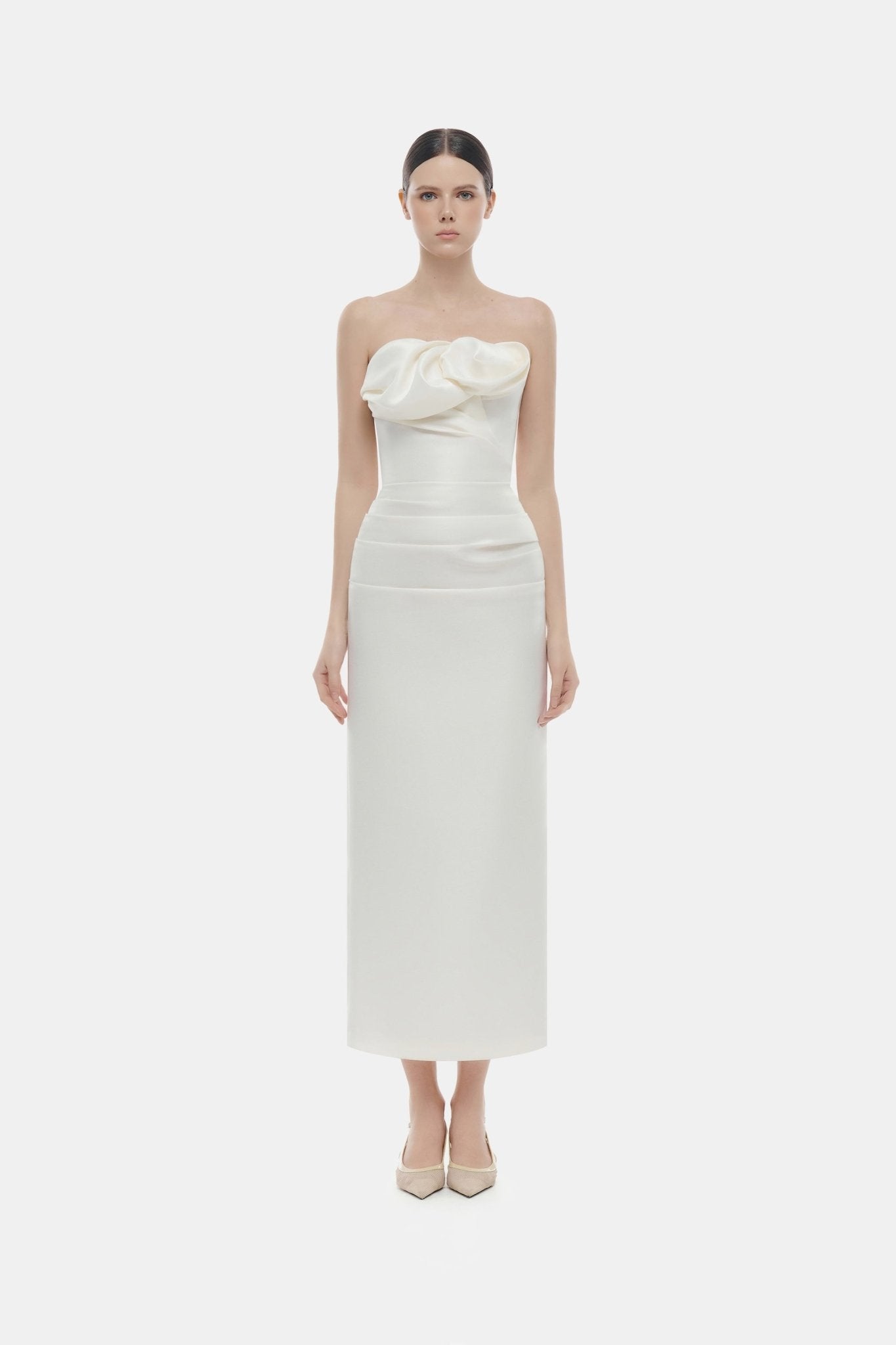 Ivory Draped Tube Midi Dress M Ivory Draped Tube Midi Dress M
