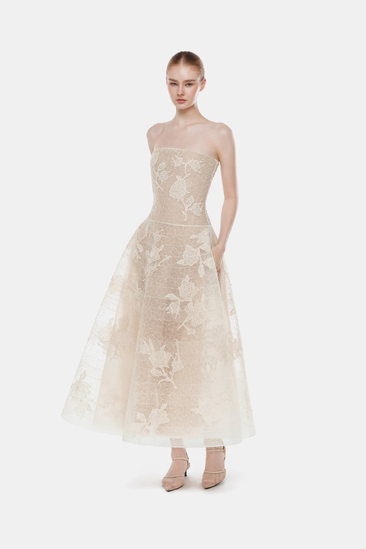 Ivory Floral Appliqué Midi Dress - Montsand