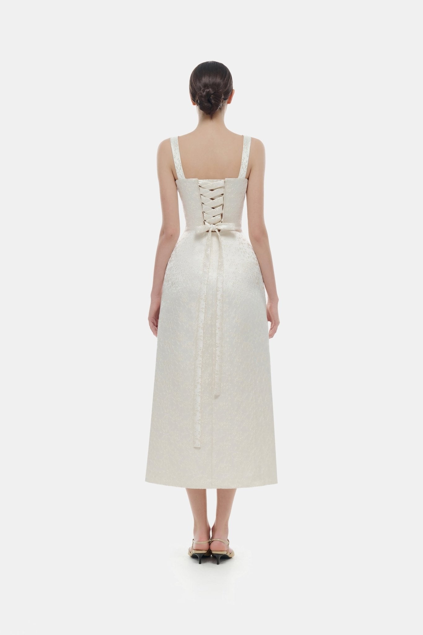bustier floral midi dress Des_phemmes Metallic Floral Jacquard Bustier Midi Dress