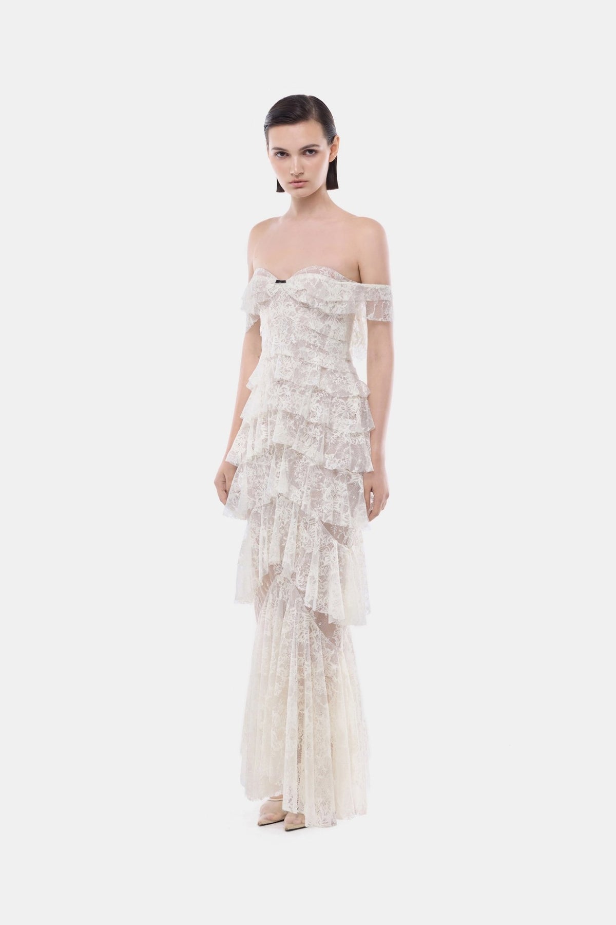 Ivory Lace Ruffle Strap Off Maxi Dress - Montsand
