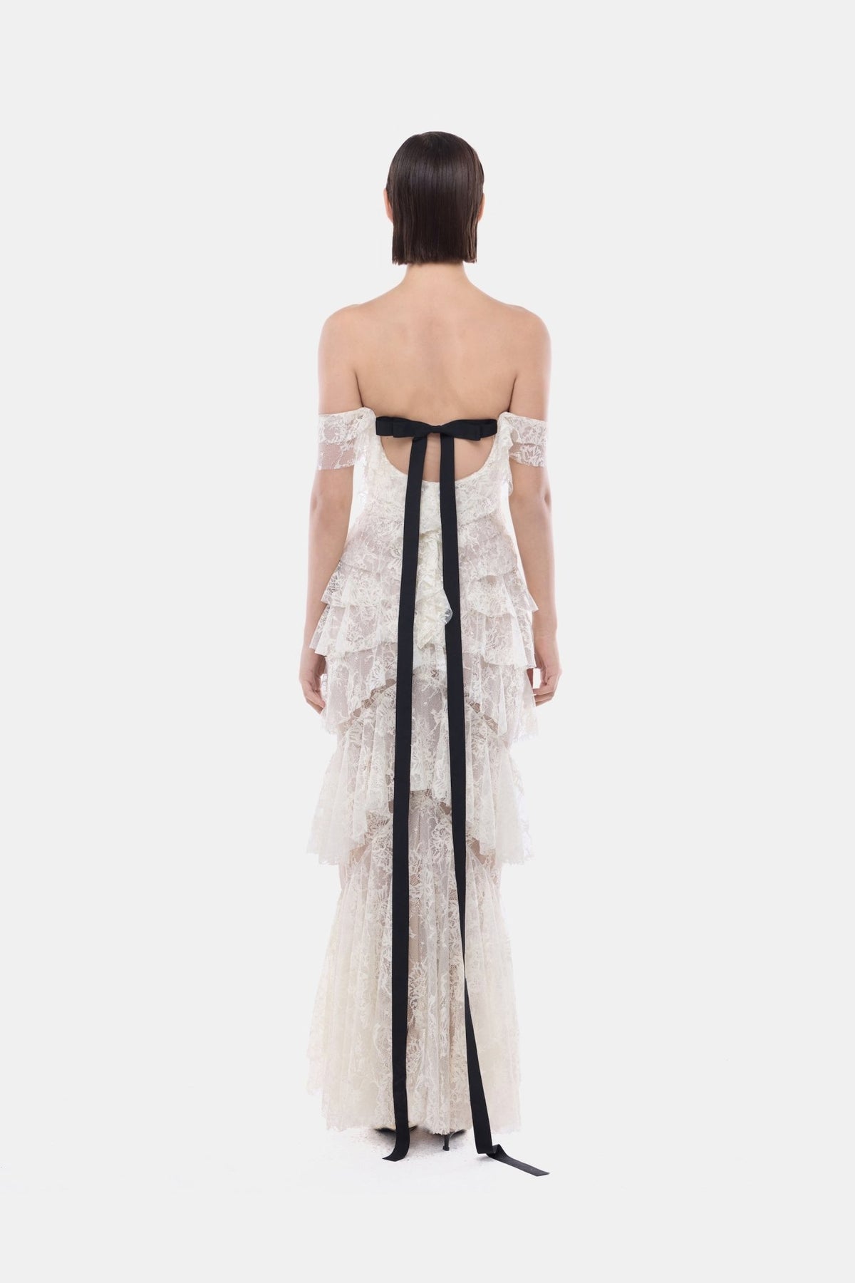 Ivory Lace Ruffle Strap Off Maxi Dress - Montsand