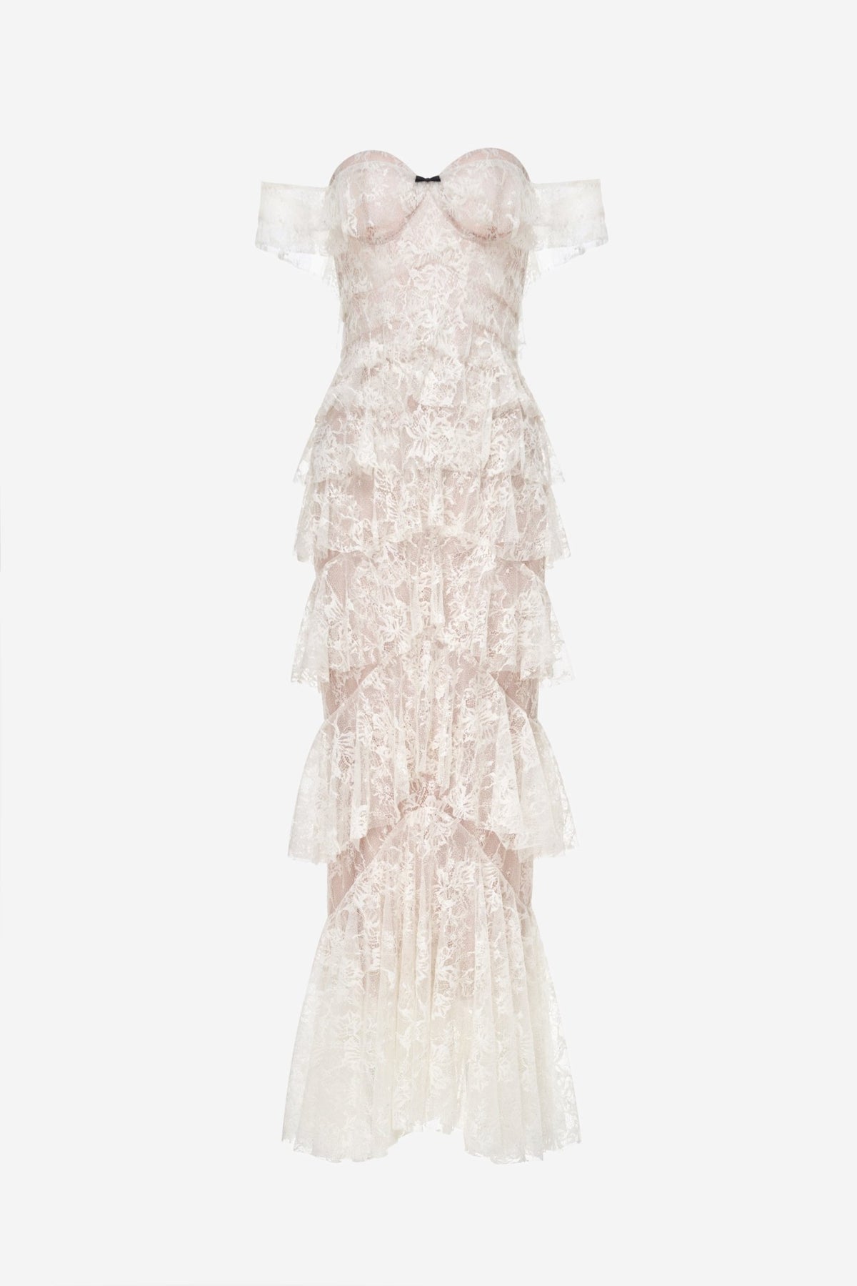 Ivory Lace Ruffle Strap Off Maxi Dress - Montsand