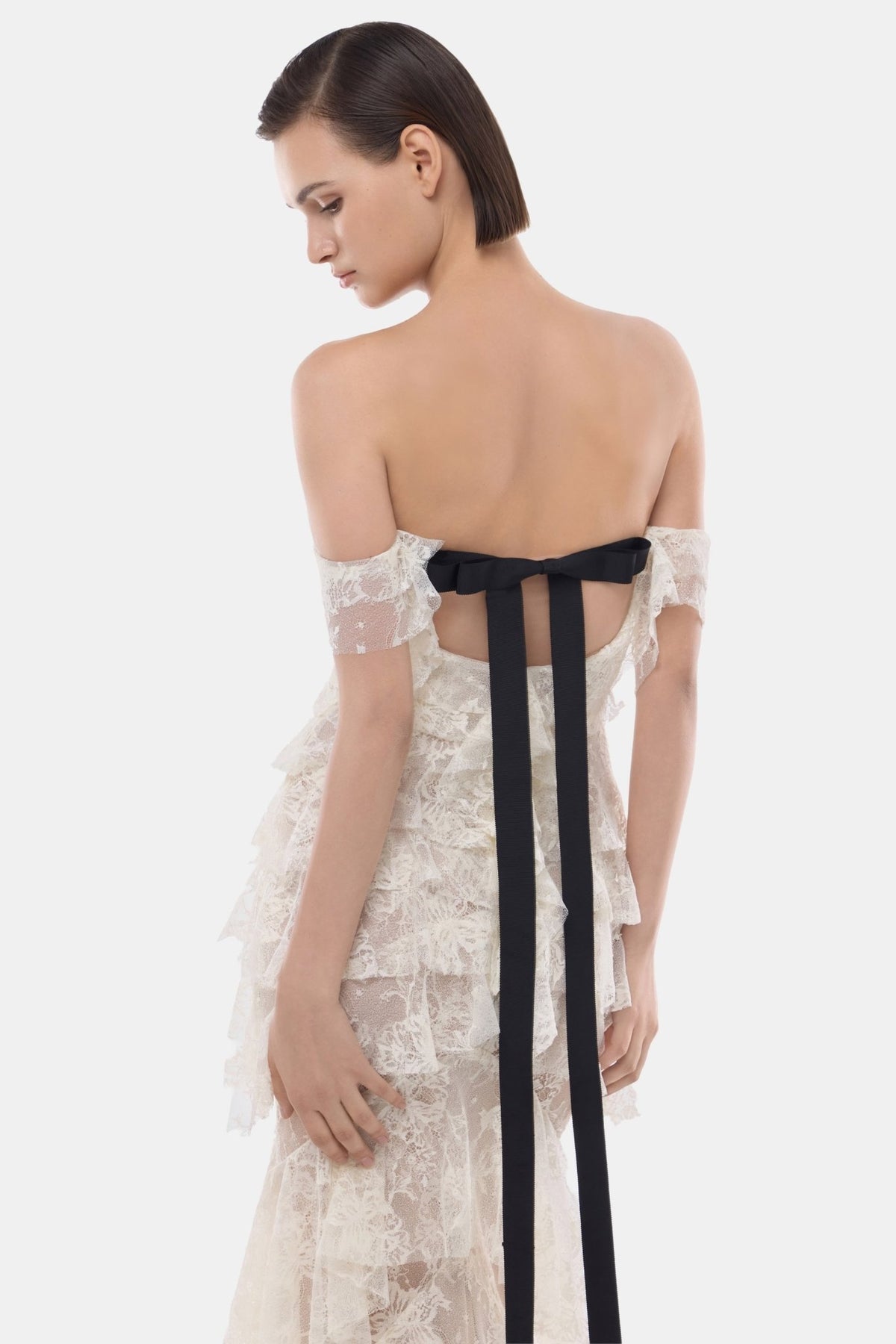Ivory Lace Ruffle Strap Off Maxi Dress - Montsand