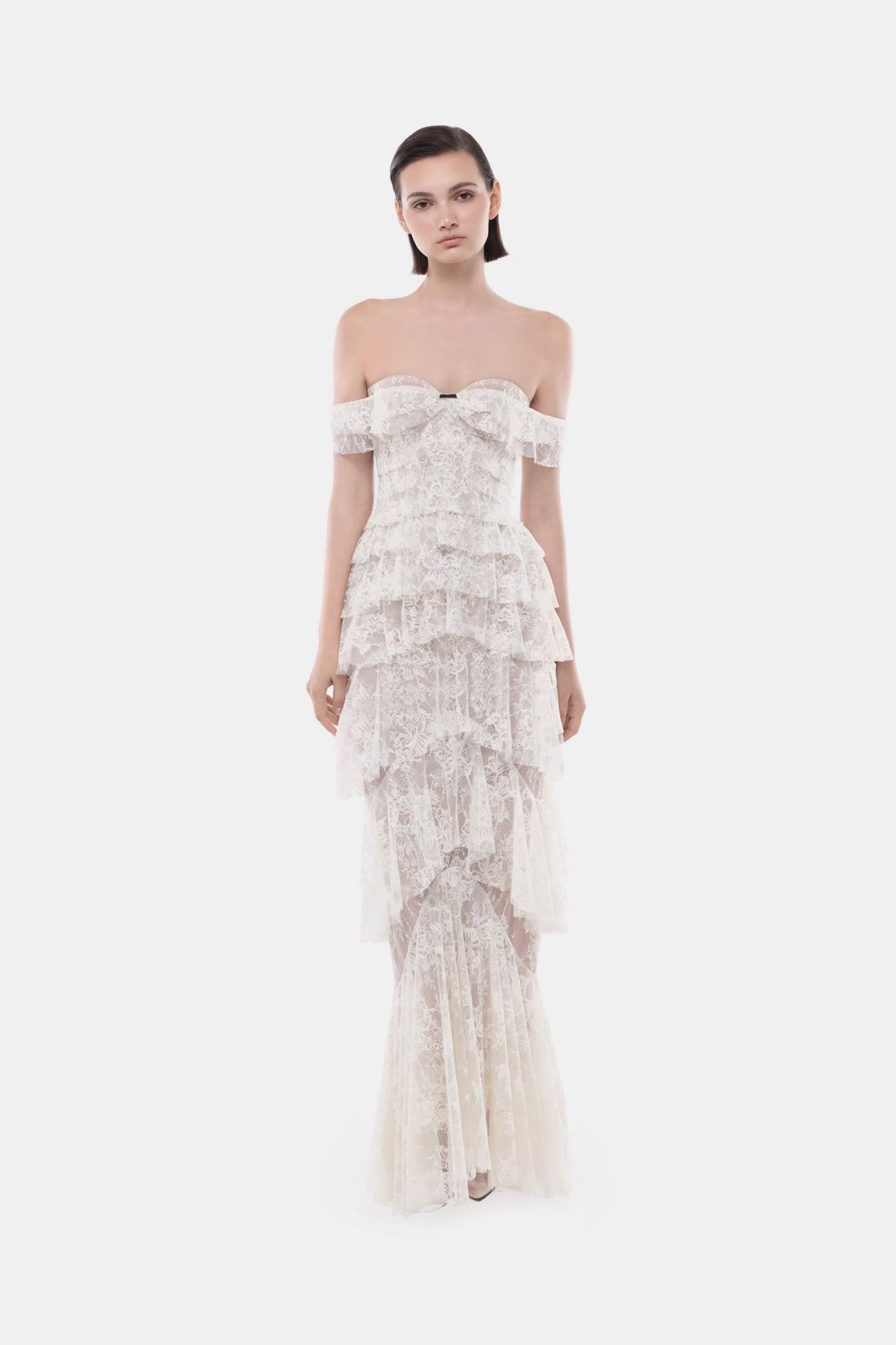 Ivory Lace Ruffle Strap Off Maxi Dress - Montsand