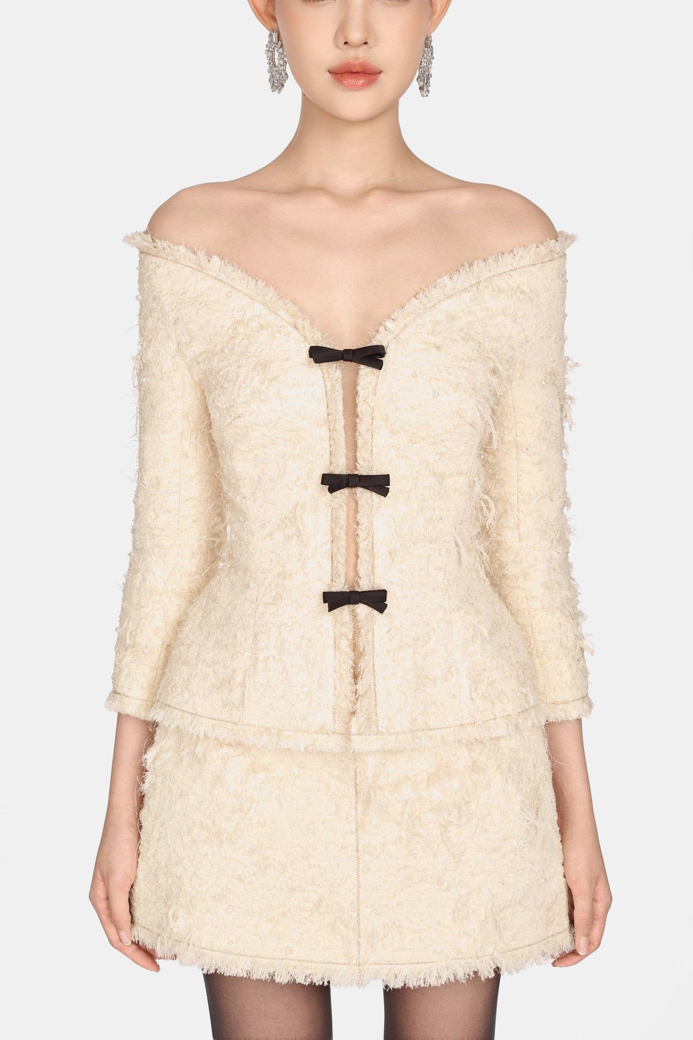 Ivory Off-shoulder Crystal Beaded Blazer - Montsand