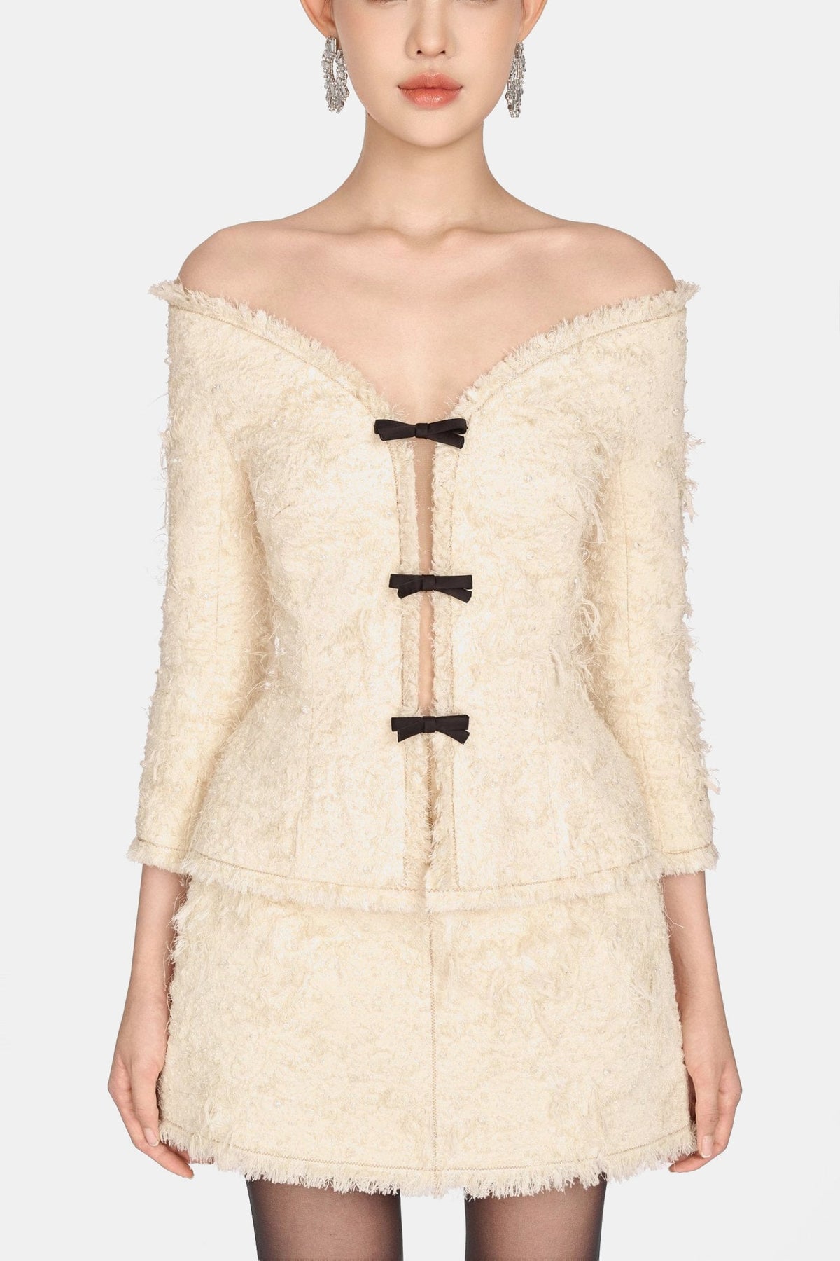 Ivory Off-shoulder Crystal Beaded Blazer - Montsand