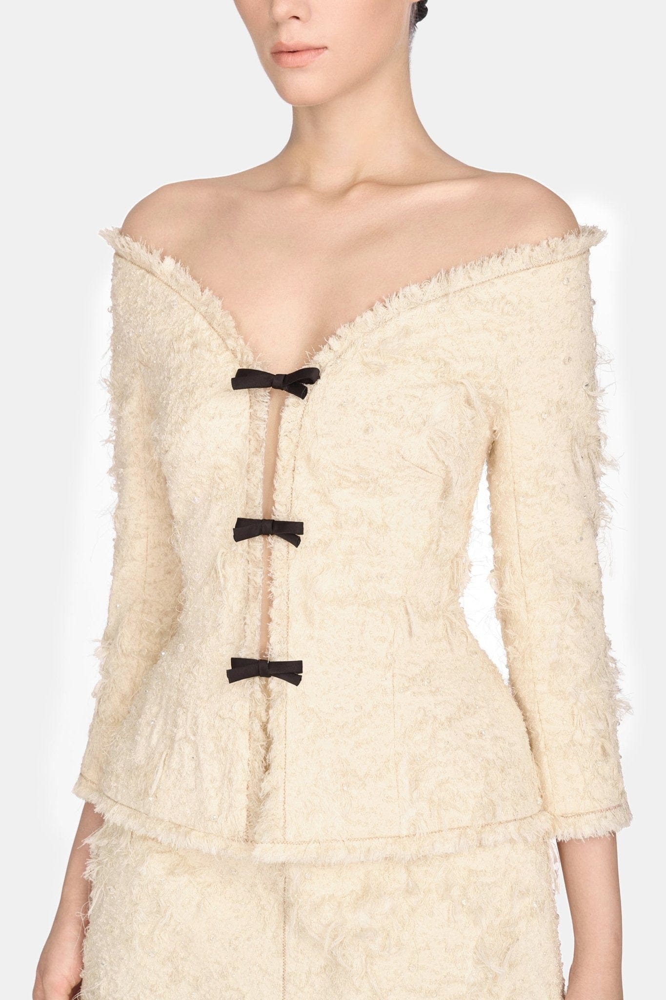 Ivory Off - shoulder Crystal Beaded Blazer - Montsand