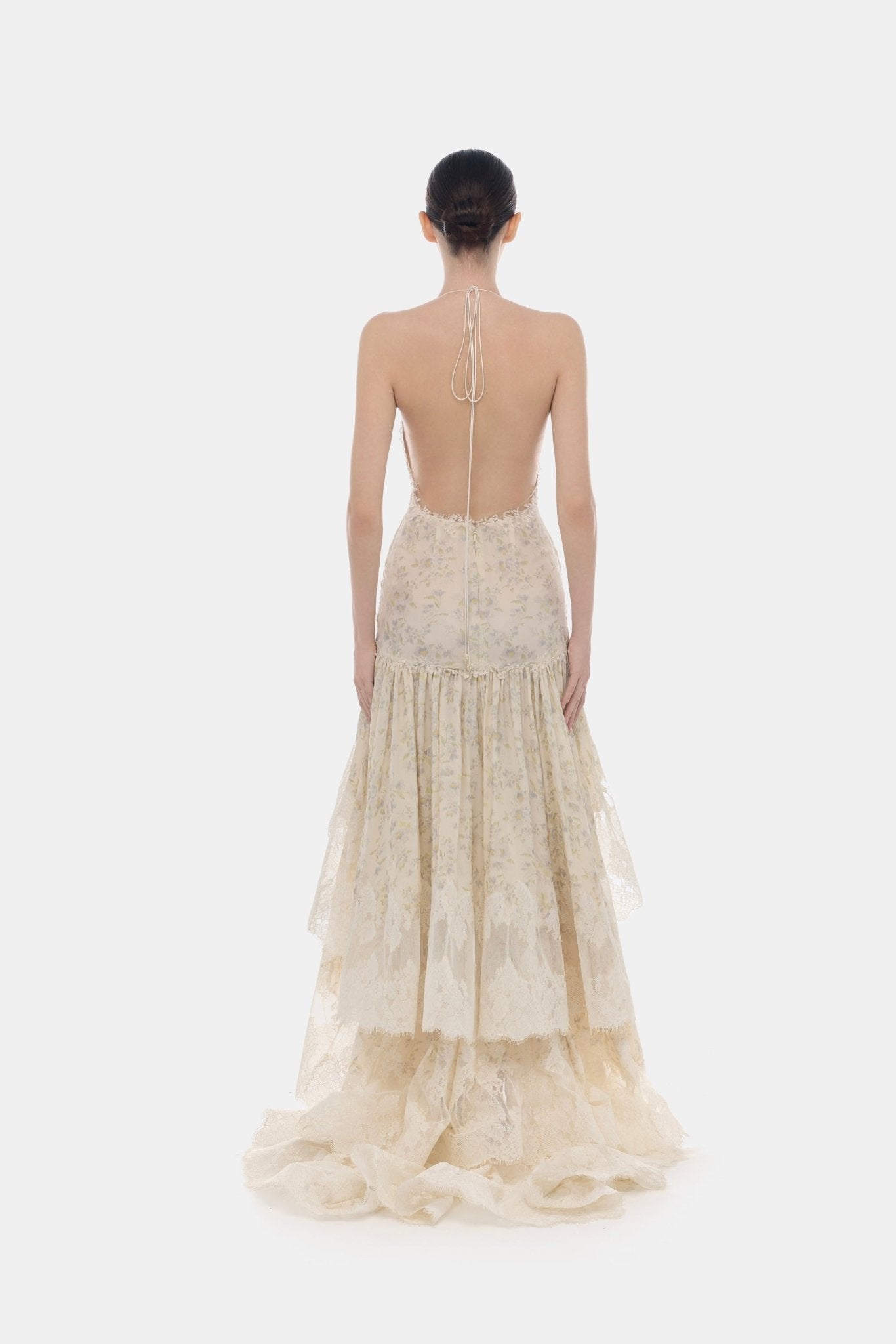 Ivory Open-Back Lace Tiered Dress L